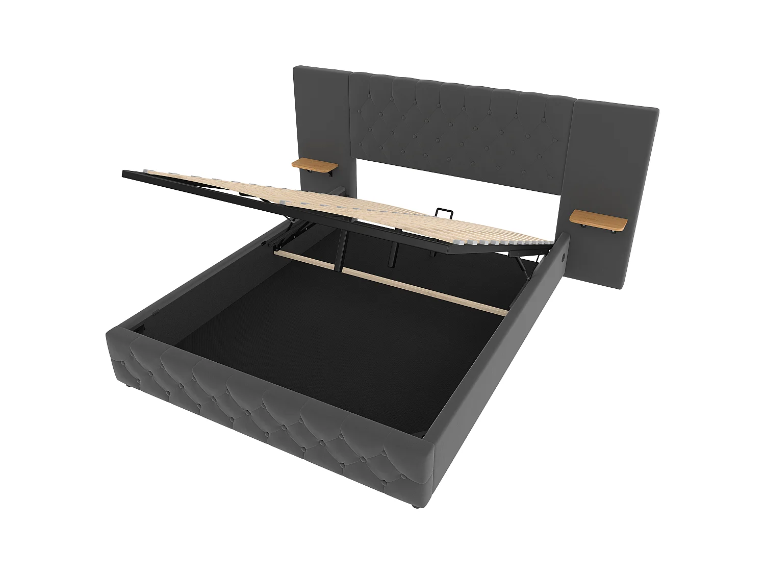 Gestoffeerd bed met opbergruimte - 160 x 200 cm - met breed hoofdeinde + LED's + USB-poort - hydraulische opbergruimte - fluweel - grijs