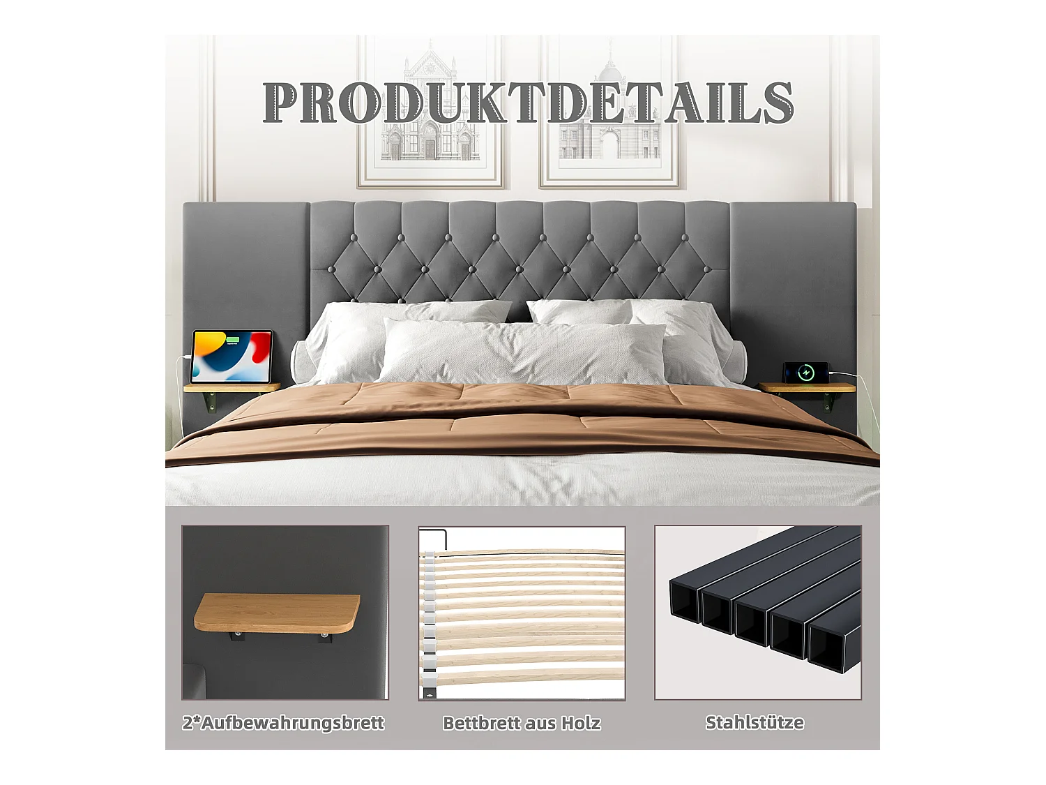 Gestoffeerd bed met opbergruimte - 160 x 200 cm - met breed hoofdeinde + LED's + USB-poort - hydraulische opbergruimte - fluweel - grijs