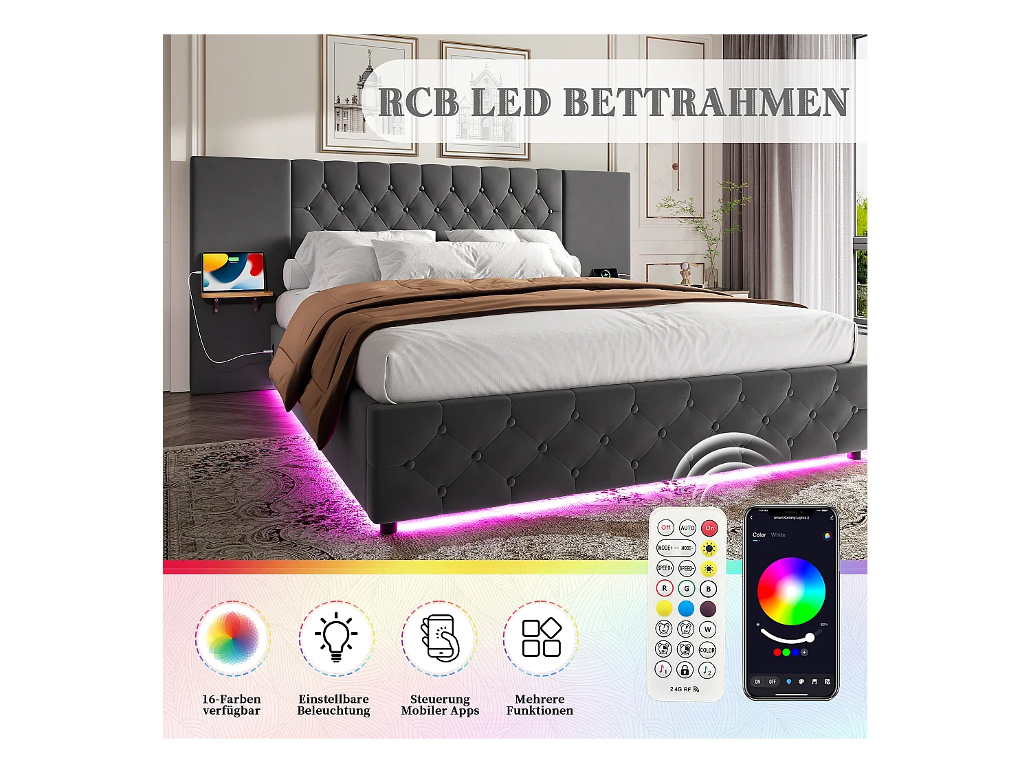 Gestoffeerd bed met opbergruimte - 160 x 200 cm - met breed hoofdeinde + LED's + USB-poort - hydraulische opbergruimte - fluweel - grijs