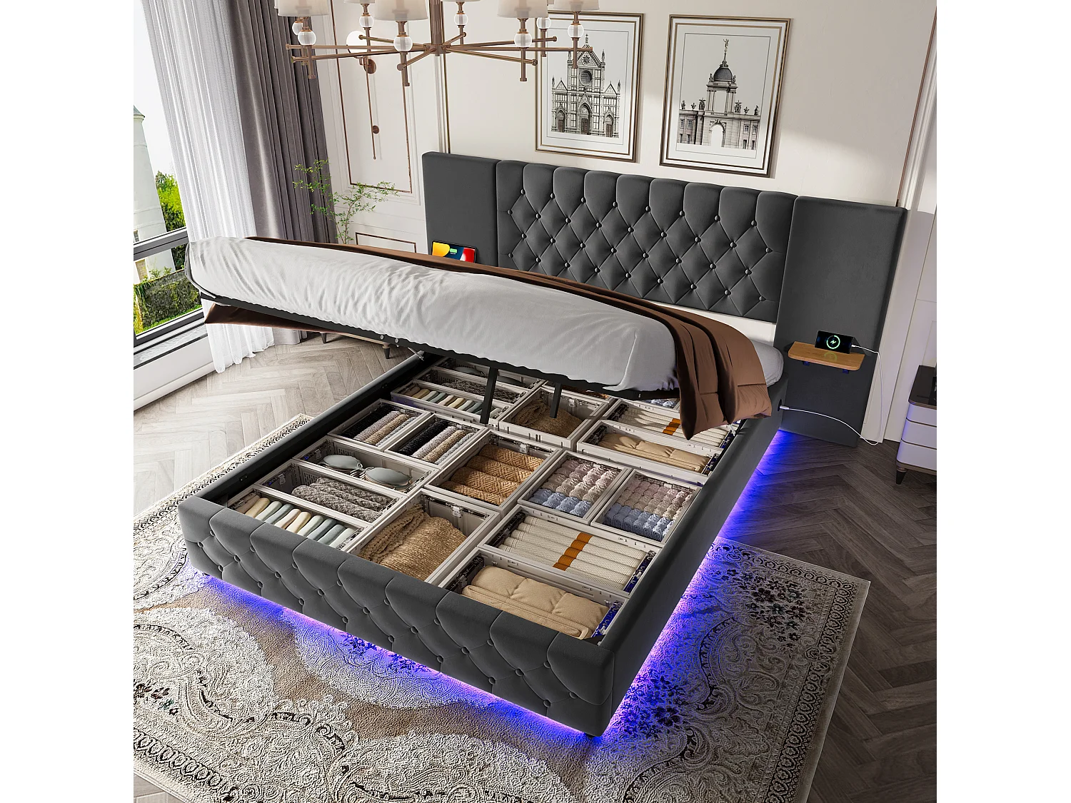 Gestoffeerd bed met opbergruimte - 160 x 200 cm - met breed hoofdeinde + LED's + USB-poort - hydraulische opbergruimte - fluweel - grijs