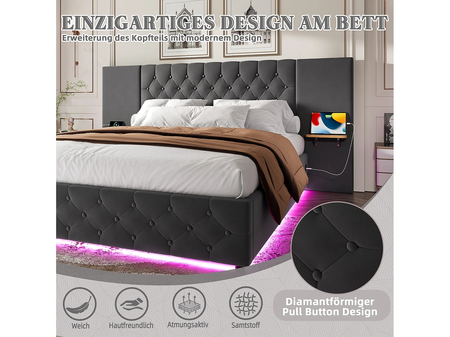 Gestoffeerd bed met opbergruimte - 160 x 200 cm - met breed hoofdeinde + LED's + USB-poort - hydraulische opbergruimte - fluweel - grijs