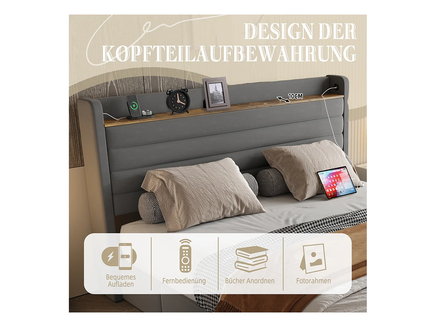 Lit coffre rembourré - 140 x 200 cm - tête de lit avec port USB et rangement + 4 tiroirs - velours - gris