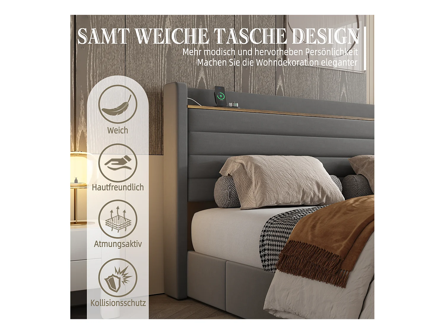 Lit coffre rembourré - 140 x 200 cm - tête de lit avec port USB et rangement + 4 tiroirs - velours - gris