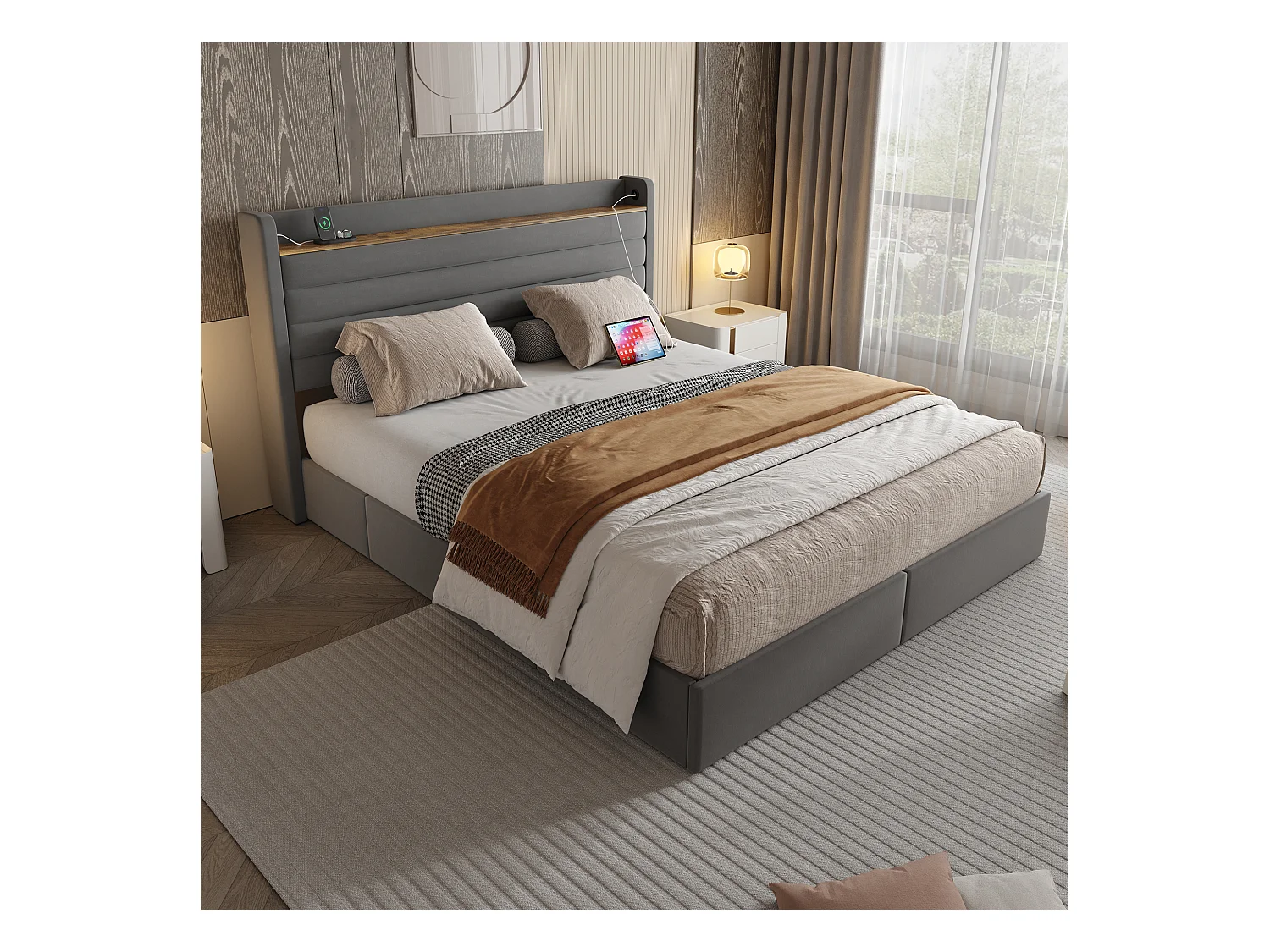 Lit coffre rembourré - 140 x 200 cm - tête de lit avec port USB et rangement + 4 tiroirs - velours - gris