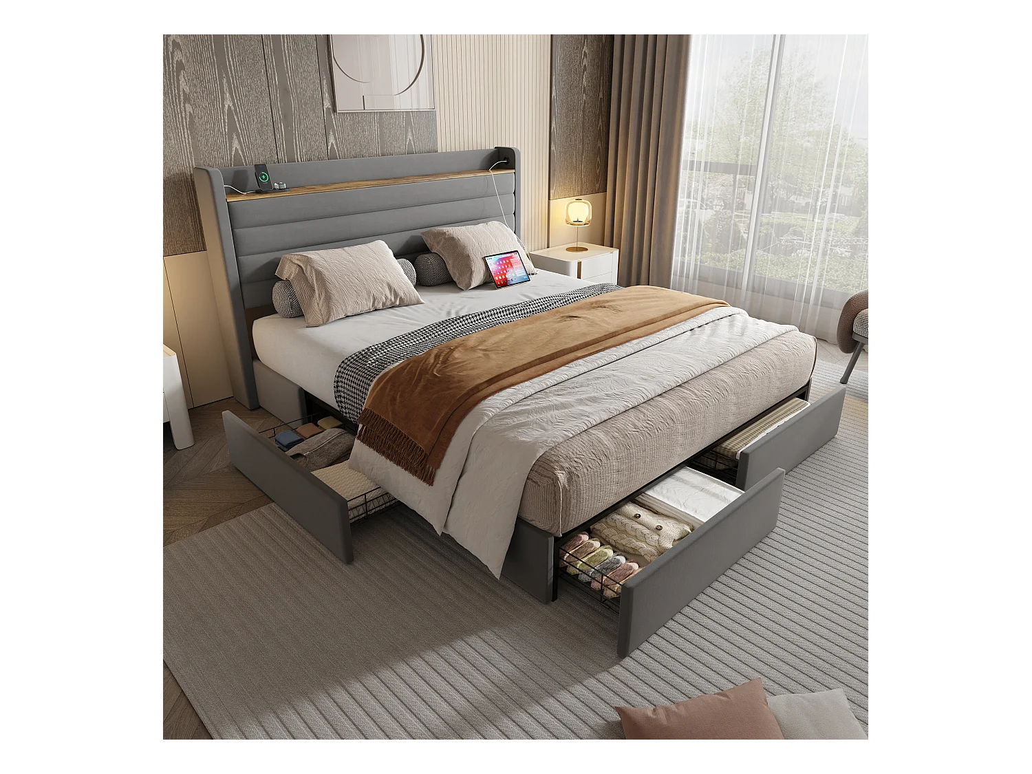 Gepolstertes Bett mit Stauraum – 140 x 200 cm – Kopfteil mit USB-Anschluss und Stauraum + 4 Schubladen – Samt – Grau
