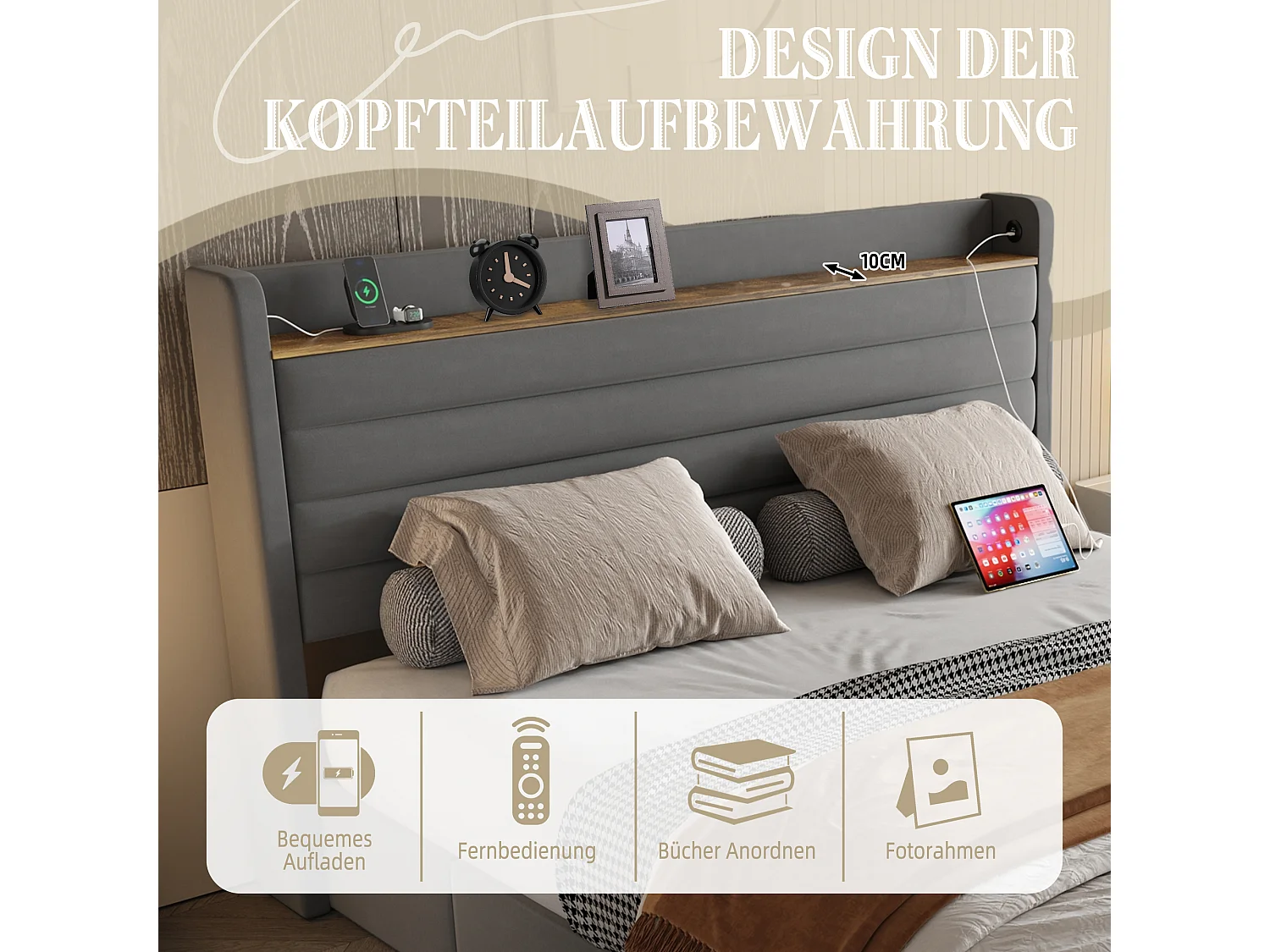 Cama con canapé tapizada - 140 x 200 cm - cabecero con puerto USB y canapé + 4 cajones Cajones - Terciopelo - Gris