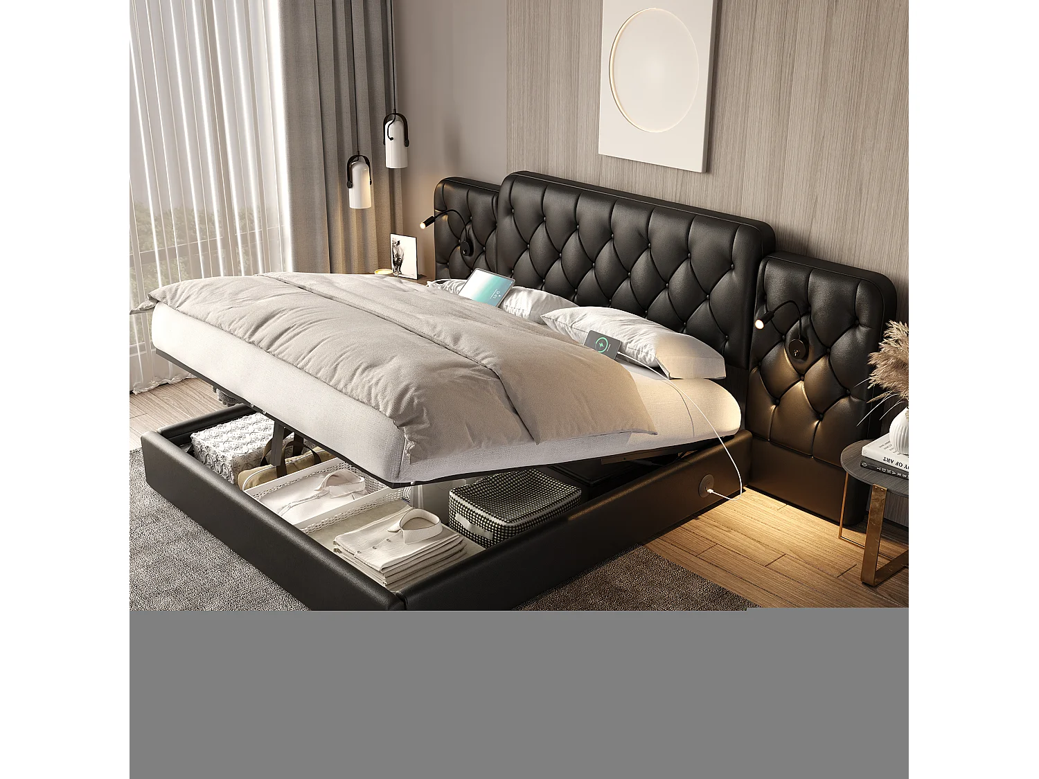 Cama estofada com compartimento de arrumação - 160 x 200 cm - com cabeceira longa + portas USB + candeeiro de secretária - pele sintética - preta