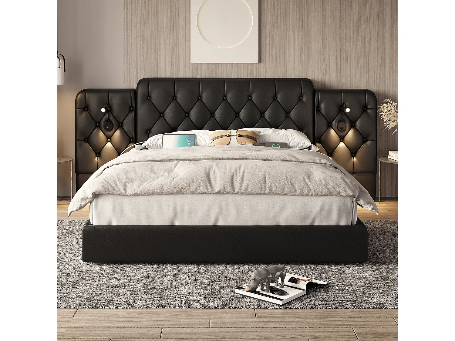 Cama estofada com compartimento de arrumação - 160 x 200 cm - com cabeceira longa + portas USB + candeeiro de secretária - pele sintética - preta