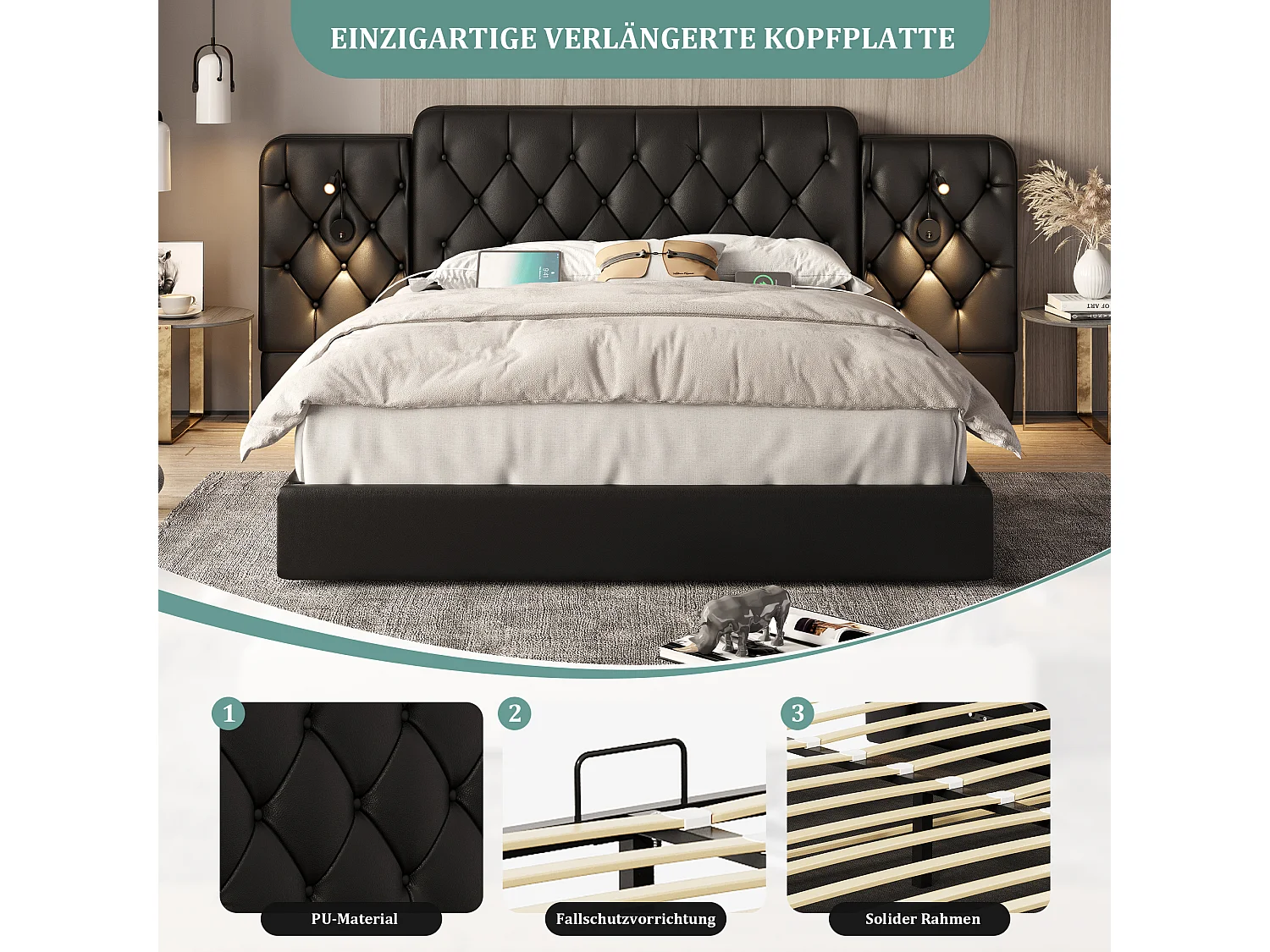 Cama estofada com compartimento de arrumação - 160 x 200 cm - com cabeceira longa + portas USB + candeeiro de secretária - pele sintética - preta