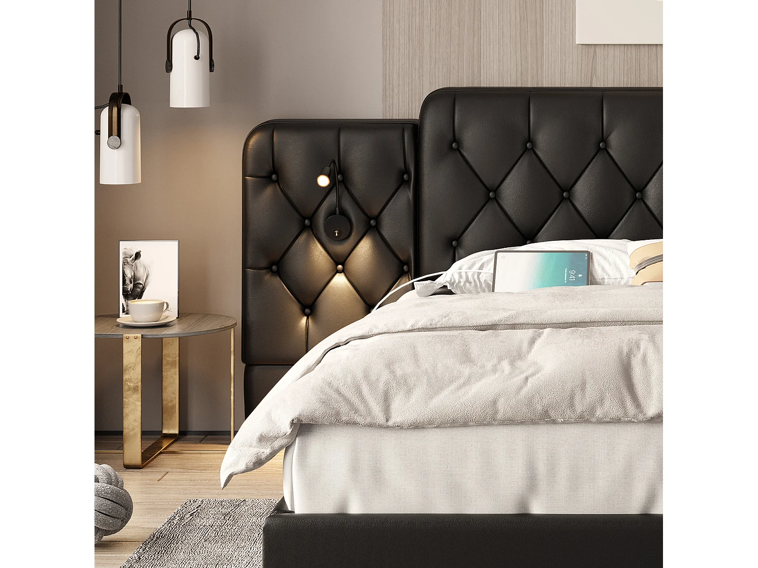 Cama estofada com compartimento de arrumação - 160 x 200 cm - com cabeceira longa + portas USB + candeeiro de secretária - pele sintética - preta