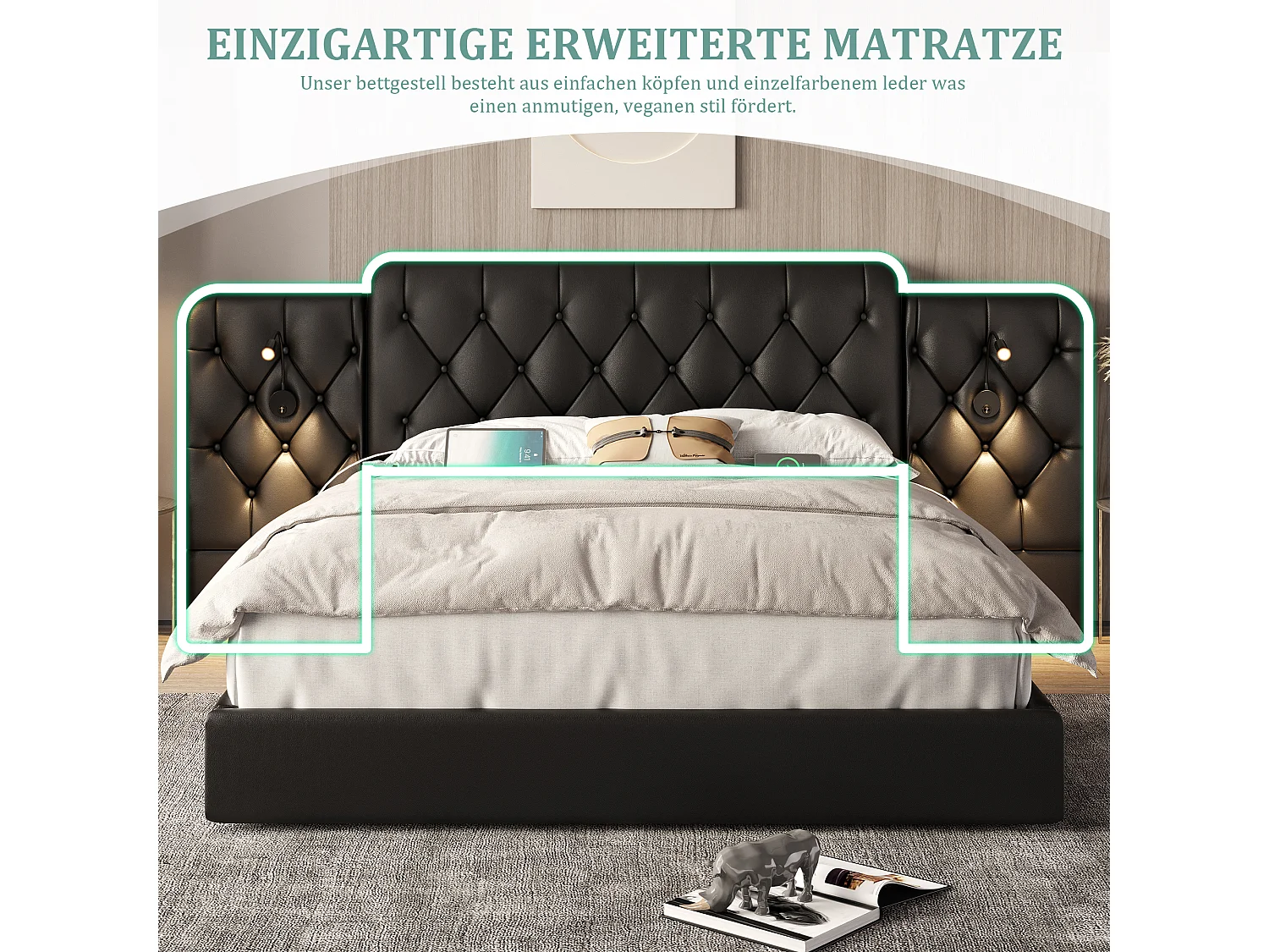 Cama estofada com compartimento de arrumação - 160 x 200 cm - com cabeceira longa + portas USB + candeeiro de secretária - pele sintética - preta