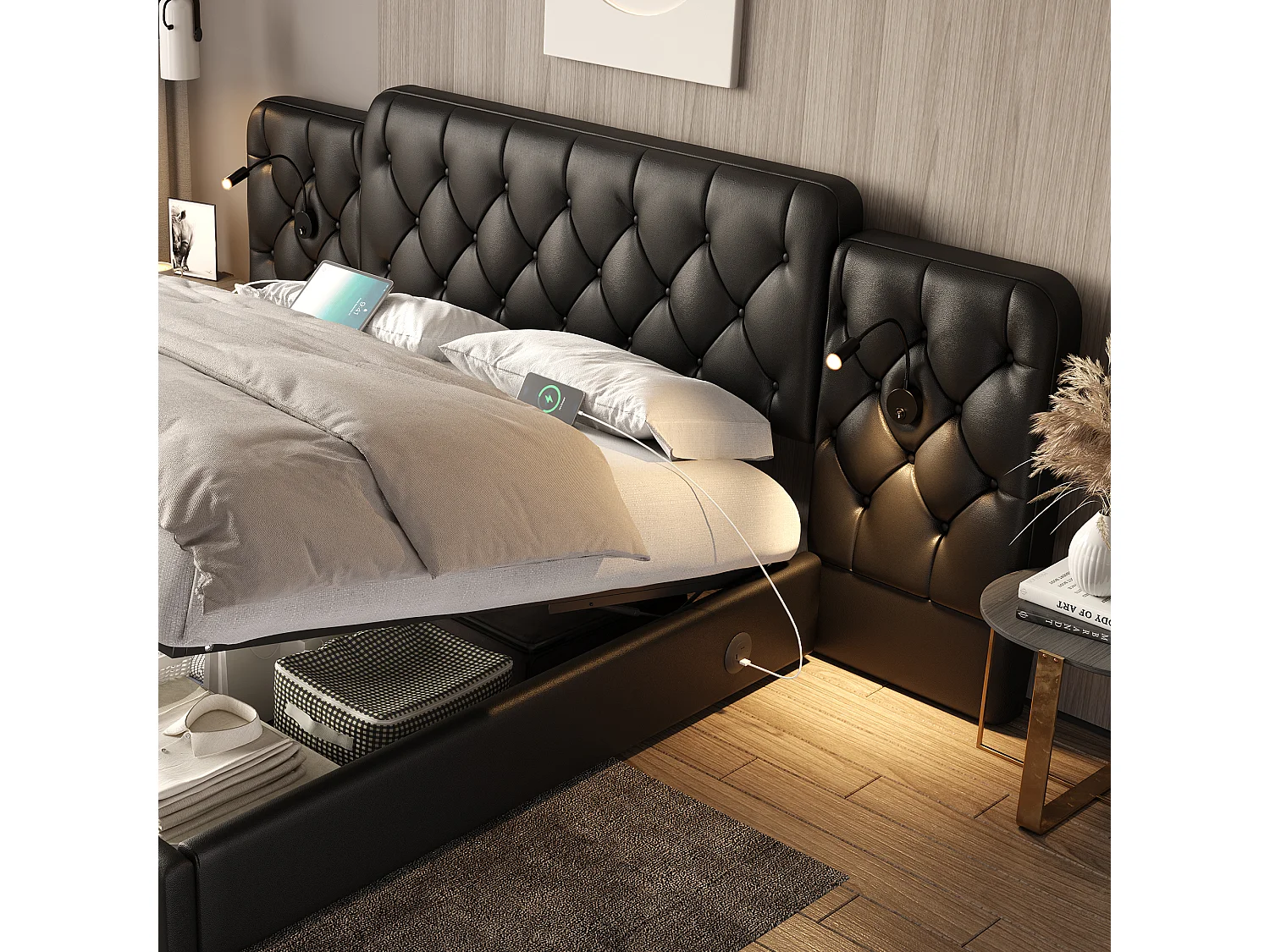 Cama estofada com compartimento de arrumação - 160 x 200 cm - com cabeceira longa + portas USB + candeeiro de secretária - pele sintética - preta