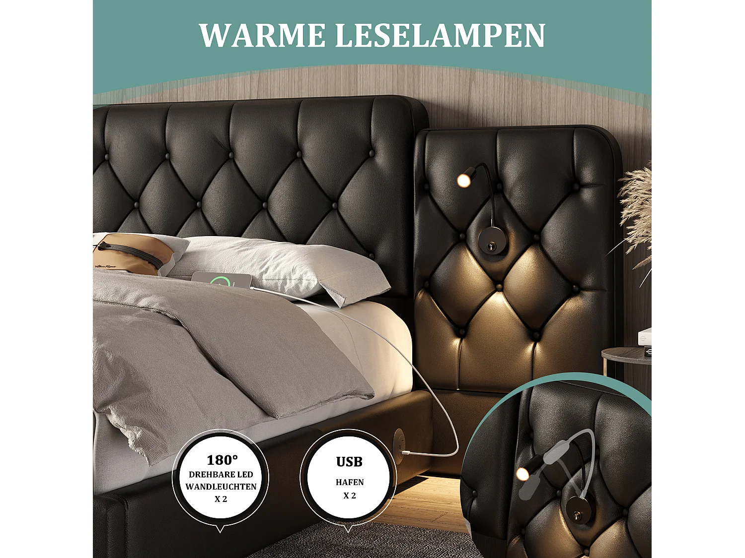 Cama estofada com compartimento de arrumação - 160 x 200 cm - com cabeceira longa + portas USB + candeeiro de secretária - pele sintética - preta