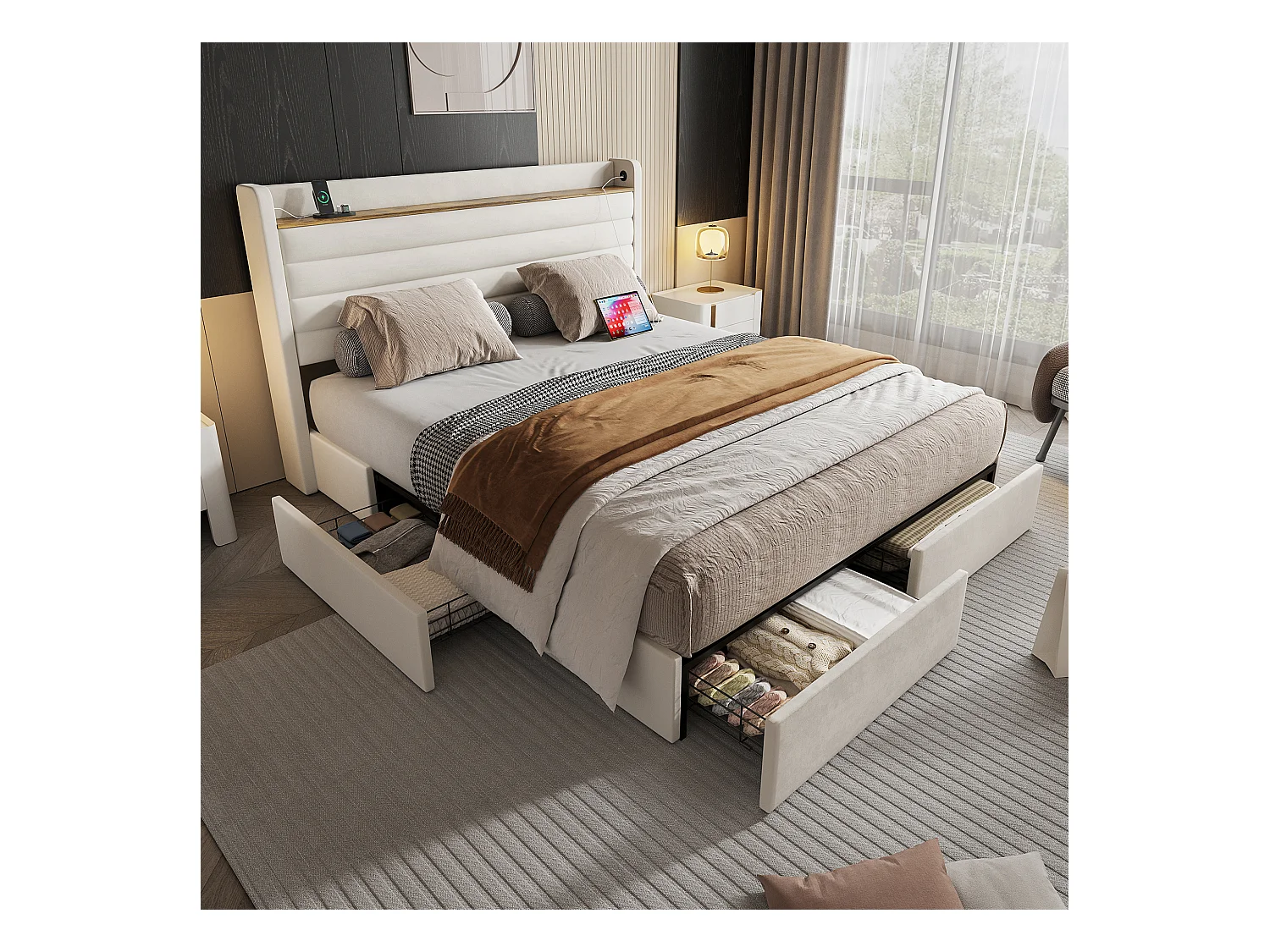 Gepolstertes Bett mit Stauraum – 140 x 200 cm – Kopfteil mit USB-Anschluss und Stauraum + 4 Schubladen – Samt – Beige
