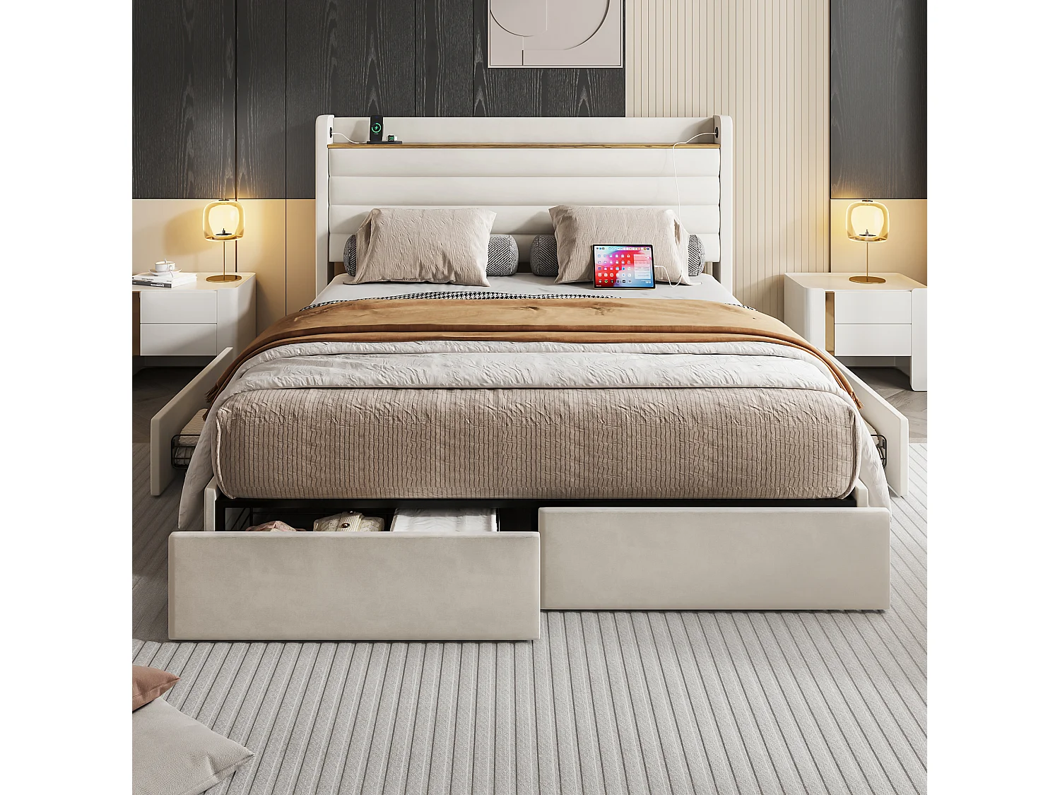 Cama con canapé tapizada - 140 x 200 cm - Cabecero con puerto USB y almacenaje + 4 cajones - Terciopelo - Beige