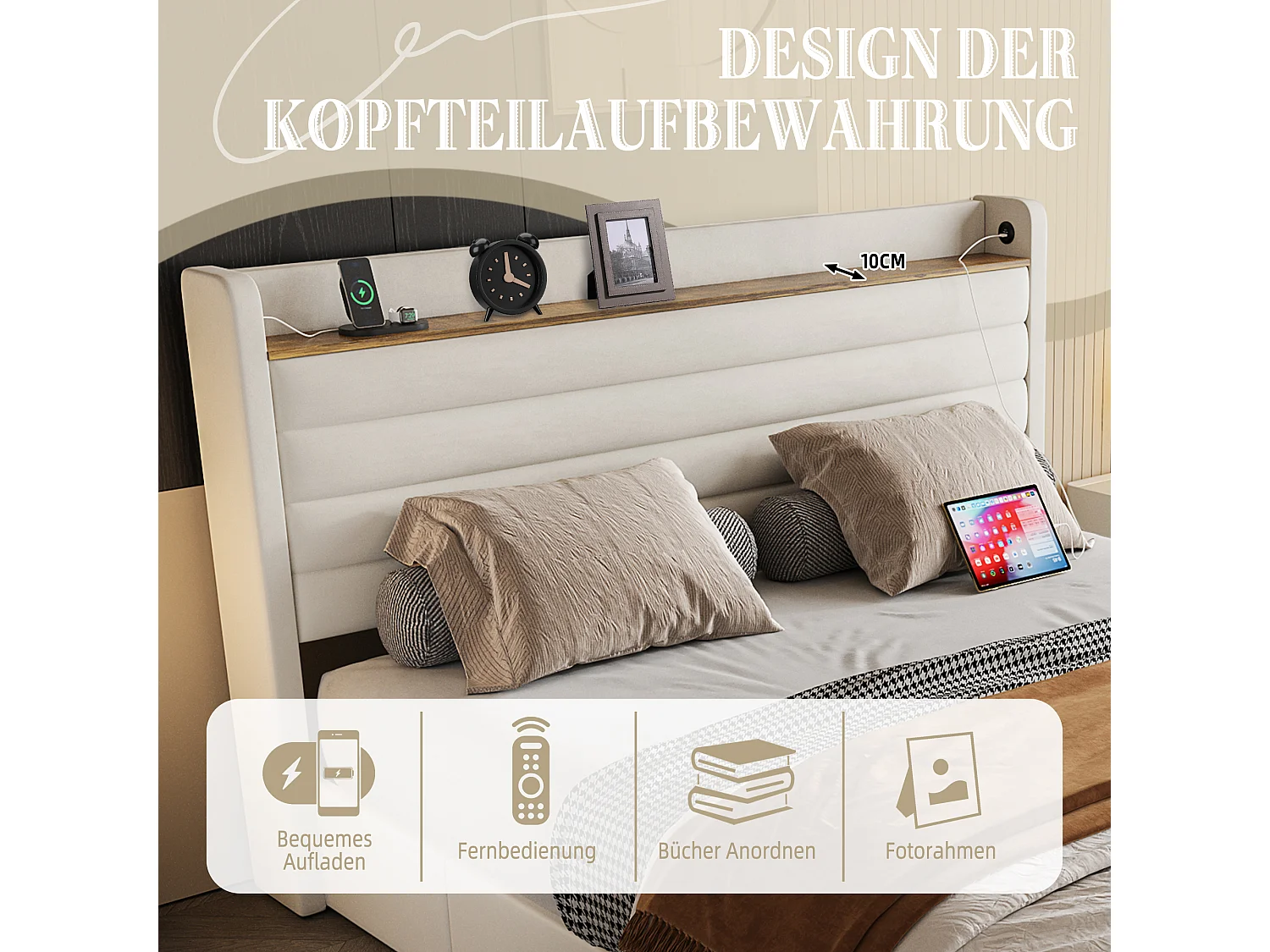 Cama con canapé tapizada - 140 x 200 cm - Cabecero con puerto USB y almacenaje + 4 cajones - Terciopelo - Beige