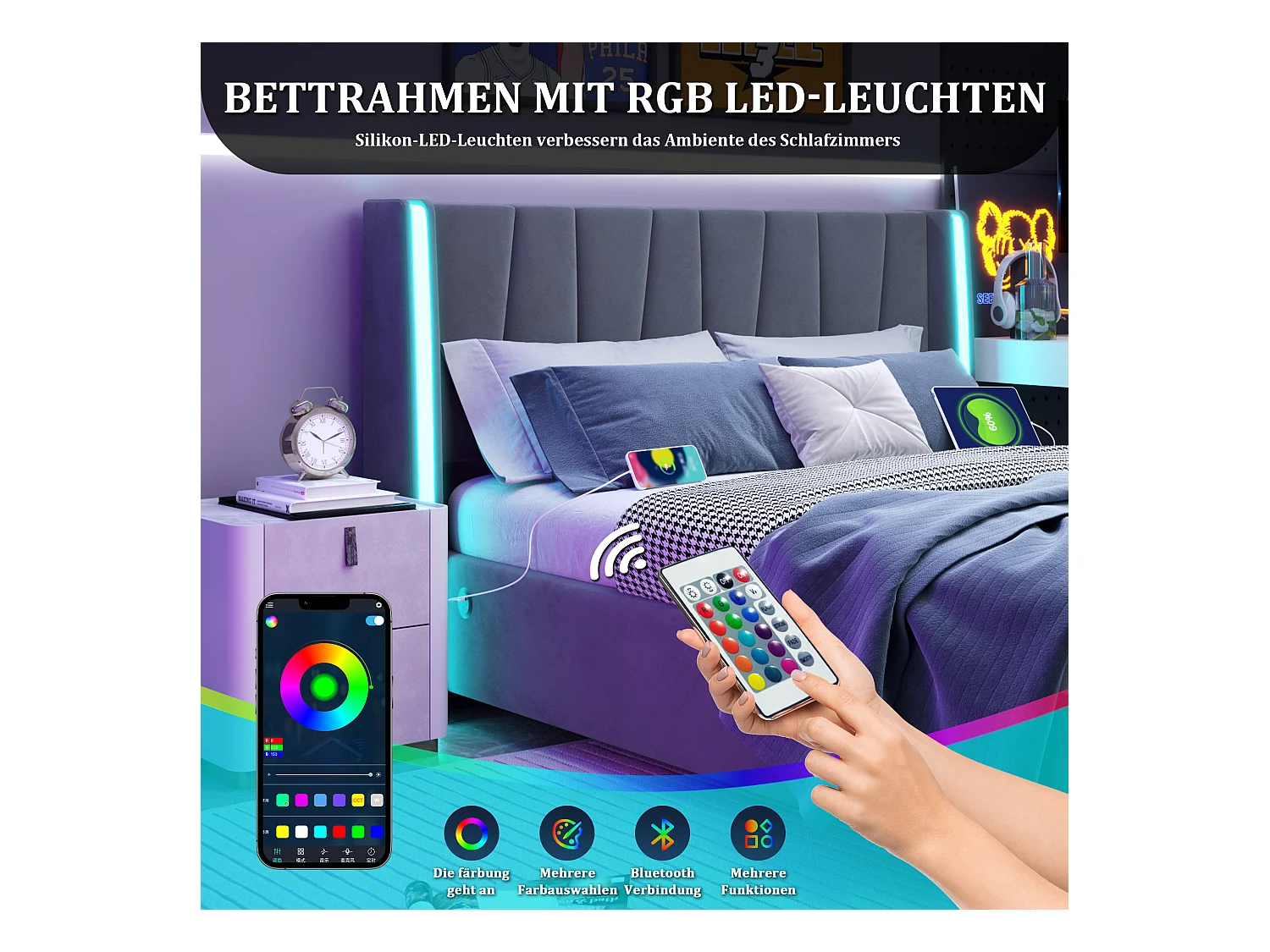 Lit coffre rembourré - 160 x 200 cm - avec ports USB + Leds - rangement hydraulique - velours - gris