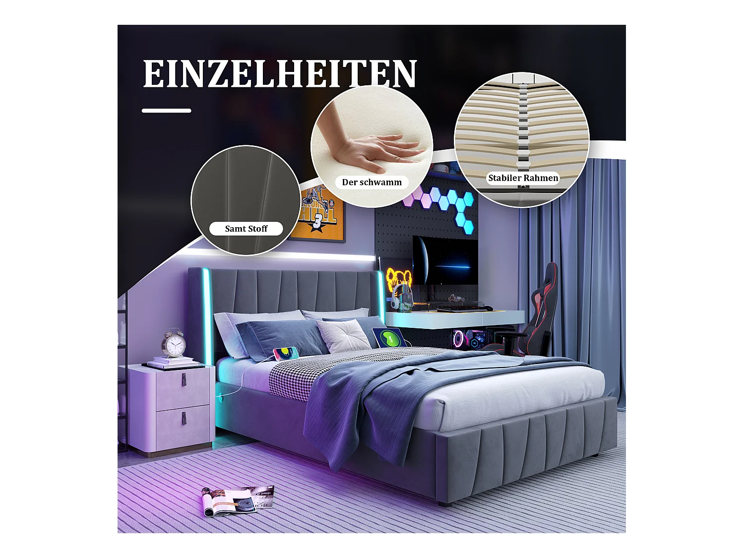 Lit coffre rembourré - 160 x 200 cm - avec ports USB + Leds - rangement hydraulique - velours - gris