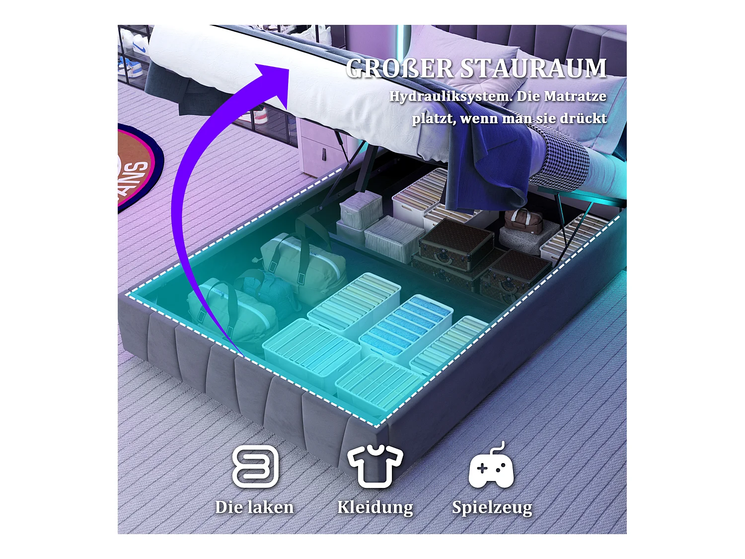 Lit coffre rembourré - 160 x 200 cm - avec ports USB + Leds - rangement hydraulique - velours - gris