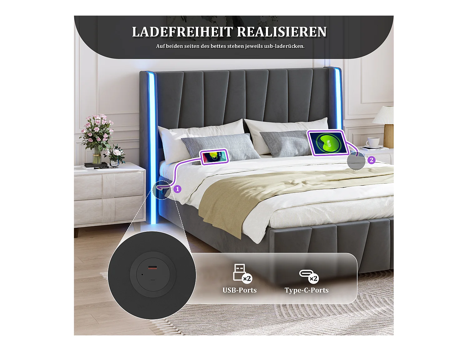 Lit coffre rembourré - 160 x 200 cm - avec ports USB + Leds - rangement hydraulique - velours - gris