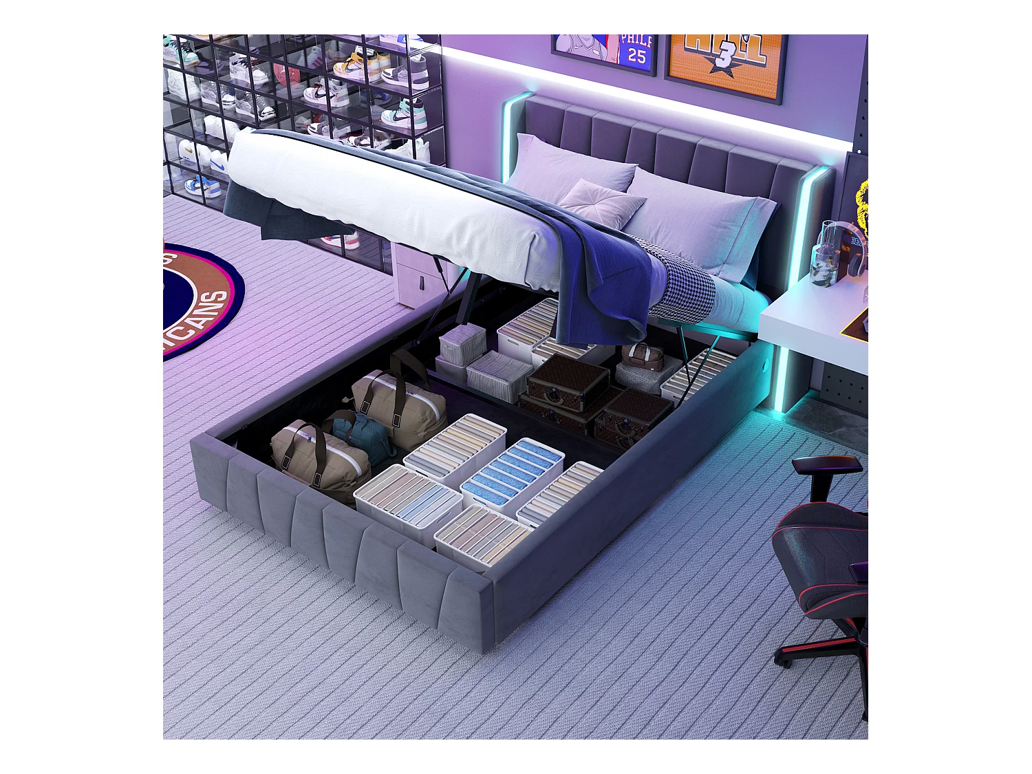 Lit coffre rembourré - 160 x 200 cm - avec ports USB + Leds - rangement hydraulique - velours - gris