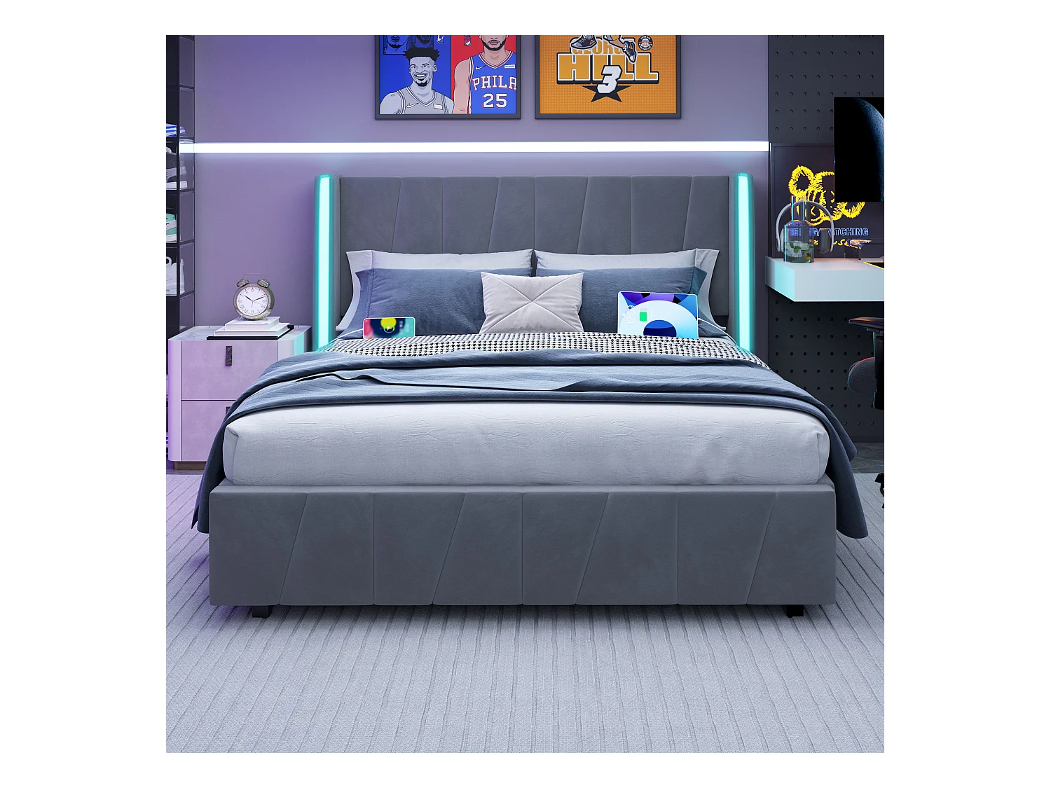 Lit coffre rembourré - 160 x 200 cm - avec ports USB + Leds - rangement hydraulique - velours - gris