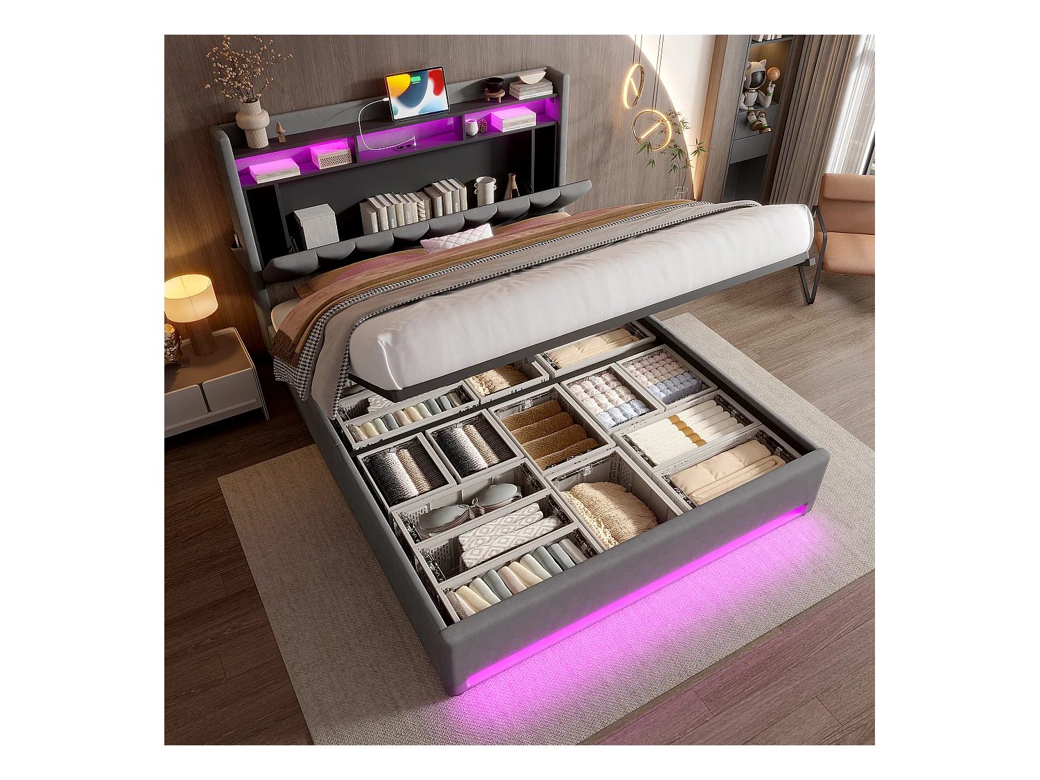 Lit coffre rembourré - 160 x 200 cm - avec Leds + USB Type-C + tête de lit avec rangement - velours - gris