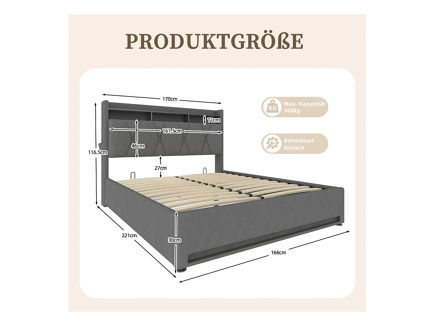 Lit coffre rembourré - 160 x 200 cm - avec Leds + USB Type-C + tête de lit avec rangement - velours - gris