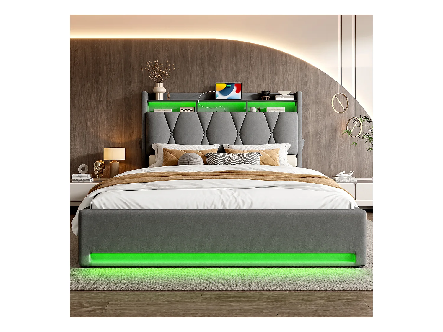 Lit coffre rembourré - 160 x 200 cm - avec Leds + USB Type-C + tête de lit avec rangement - velours - gris
