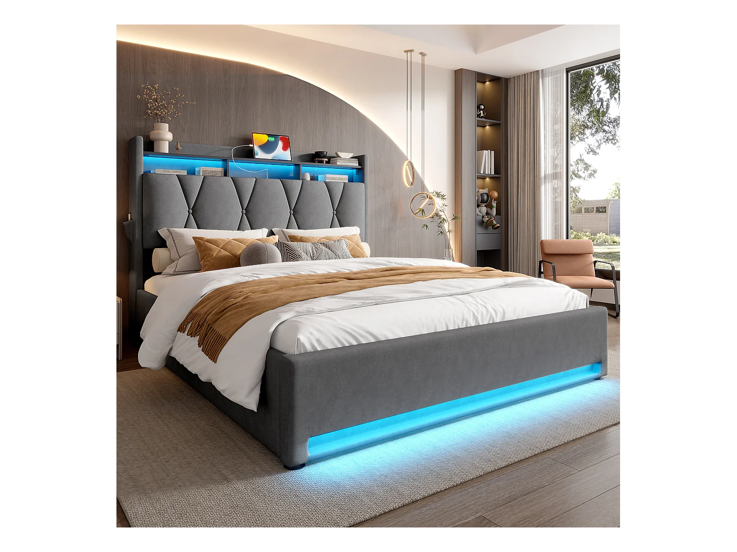 Lit coffre rembourré - 160 x 200 cm - avec Leds + USB Type-C + tête de lit avec rangement - velours - gris