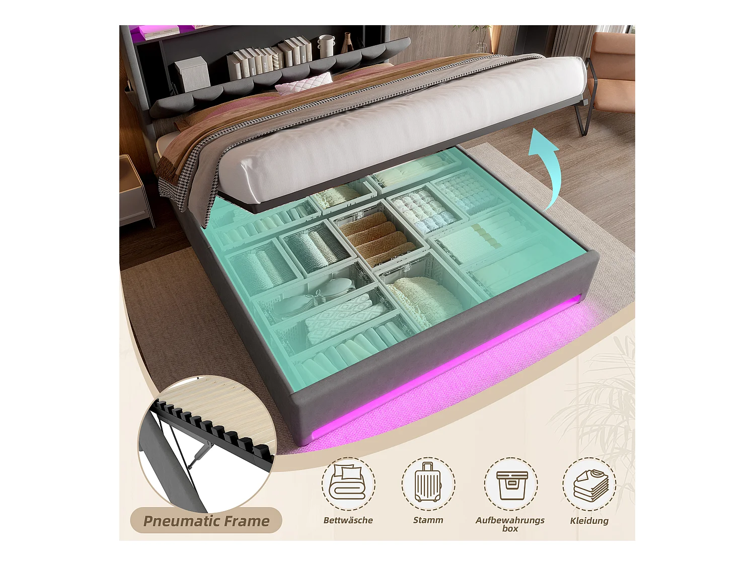 Lit coffre rembourré - 160 x 200 cm - avec Leds + USB Type-C + tête de lit avec rangement - velours - gris