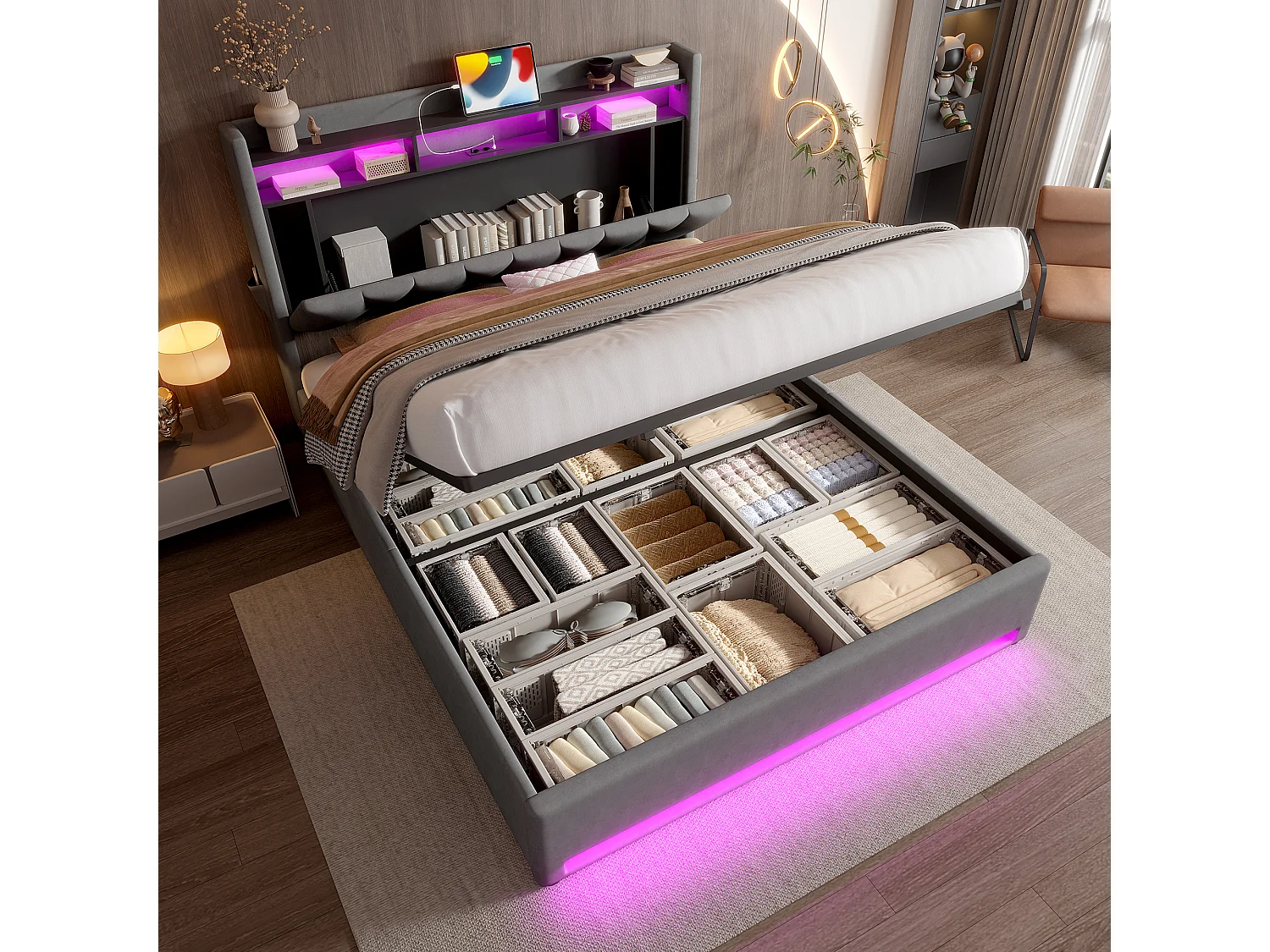 Gepolstertes Bett mit Stauraum – 160 x 200 cm – mit LEDs + USB Typ-C + Kopfteil mit Stauraum – Samt – Grau