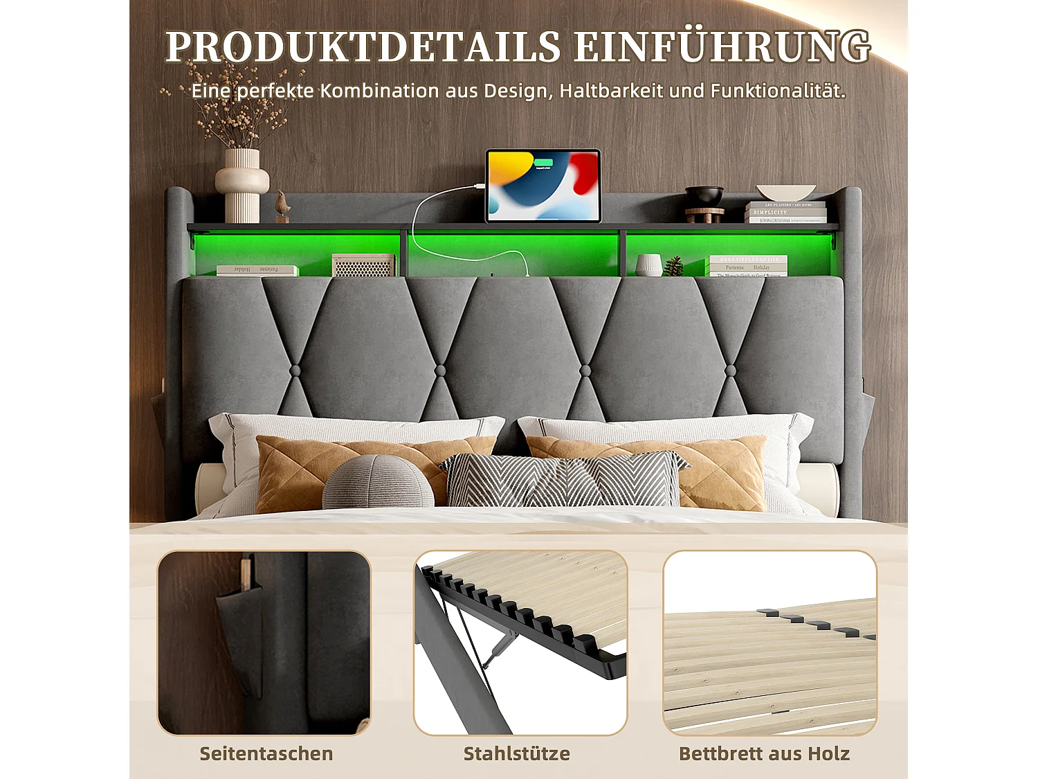 Gepolstertes Bett mit Stauraum – 160 x 200 cm – mit LEDs + USB Typ-C + Kopfteil mit Stauraum – Samt – Grau
