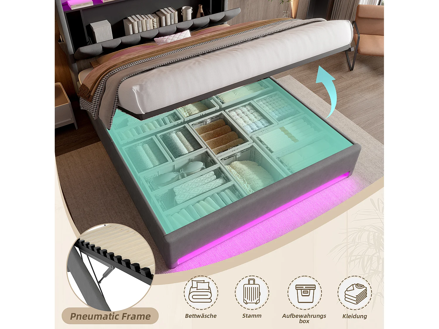 Gepolstertes Bett mit Stauraum – 160 x 200 cm – mit LEDs + USB Typ-C + Kopfteil mit Stauraum – Samt – Grau