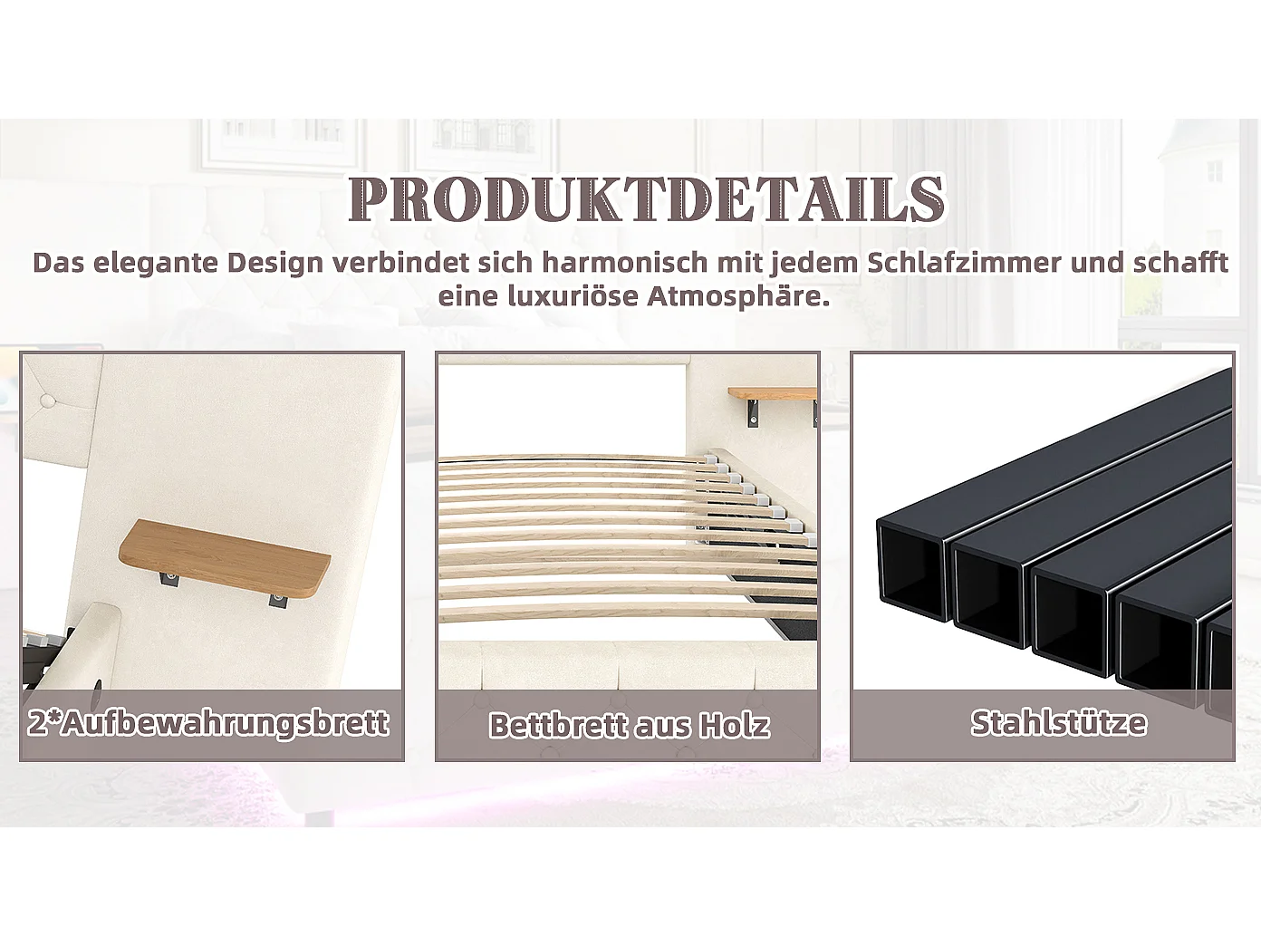 Cama con canapé tapizada - 160 x 200 cm - con cabecero ancho + LED + puerto USB - canapé hidráulico - terciopelo - beige