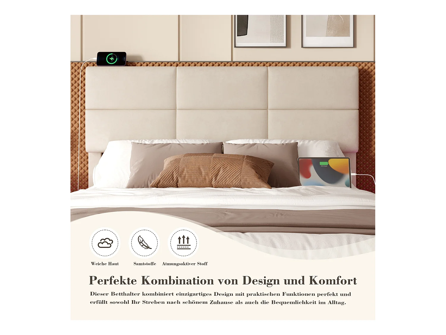 Gepolstertes Bett mit Stauraum – 140 x 200 cm – verstellbares Kopfteil – mit USB + LEDs – hydraulischer Stauraum – Samt – Beige