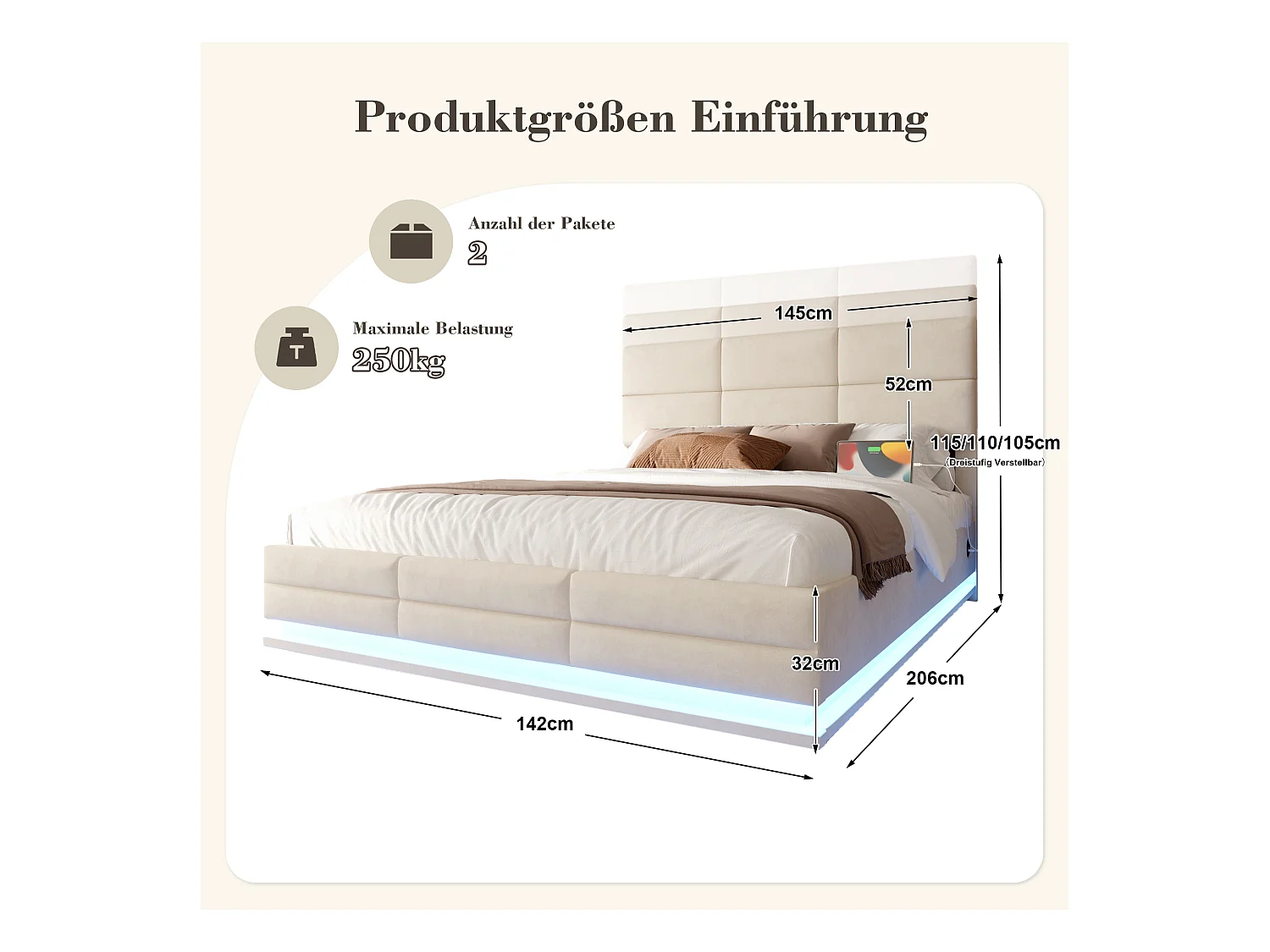 Gepolstertes Bett mit Stauraum – 140 x 200 cm – verstellbares Kopfteil – mit USB + LEDs – hydraulischer Stauraum – Samt – Beige
