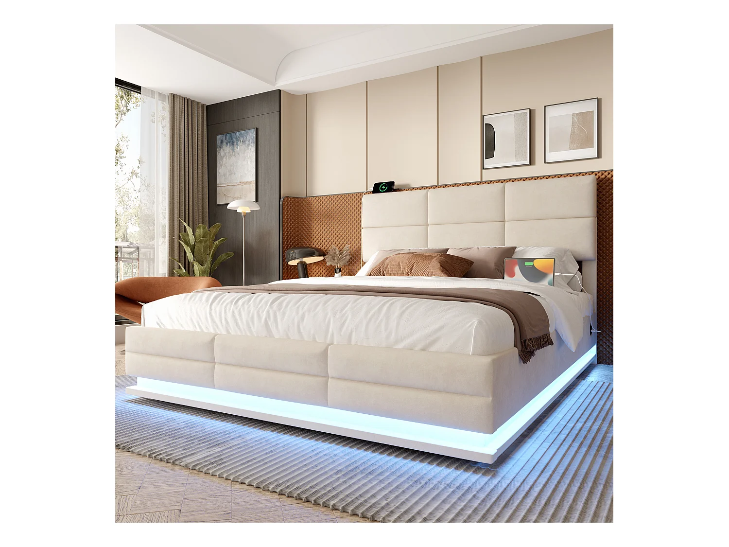 Gepolstertes Bett mit Stauraum – 140 x 200 cm – verstellbares Kopfteil – mit USB + LEDs – hydraulischer Stauraum – Samt – Beige
