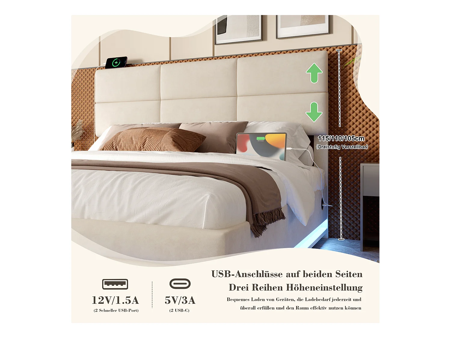 Gepolstertes Bett mit Stauraum – 140 x 200 cm – verstellbares Kopfteil – mit USB + LEDs – hydraulischer Stauraum – Samt – Beige