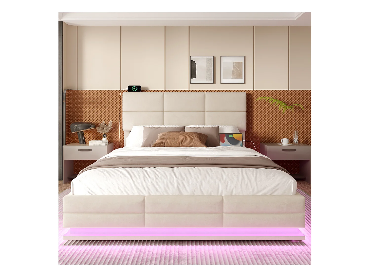 Gepolstertes Bett mit Stauraum – 140 x 200 cm – verstellbares Kopfteil – mit USB + LEDs – hydraulischer Stauraum – Samt – Beige