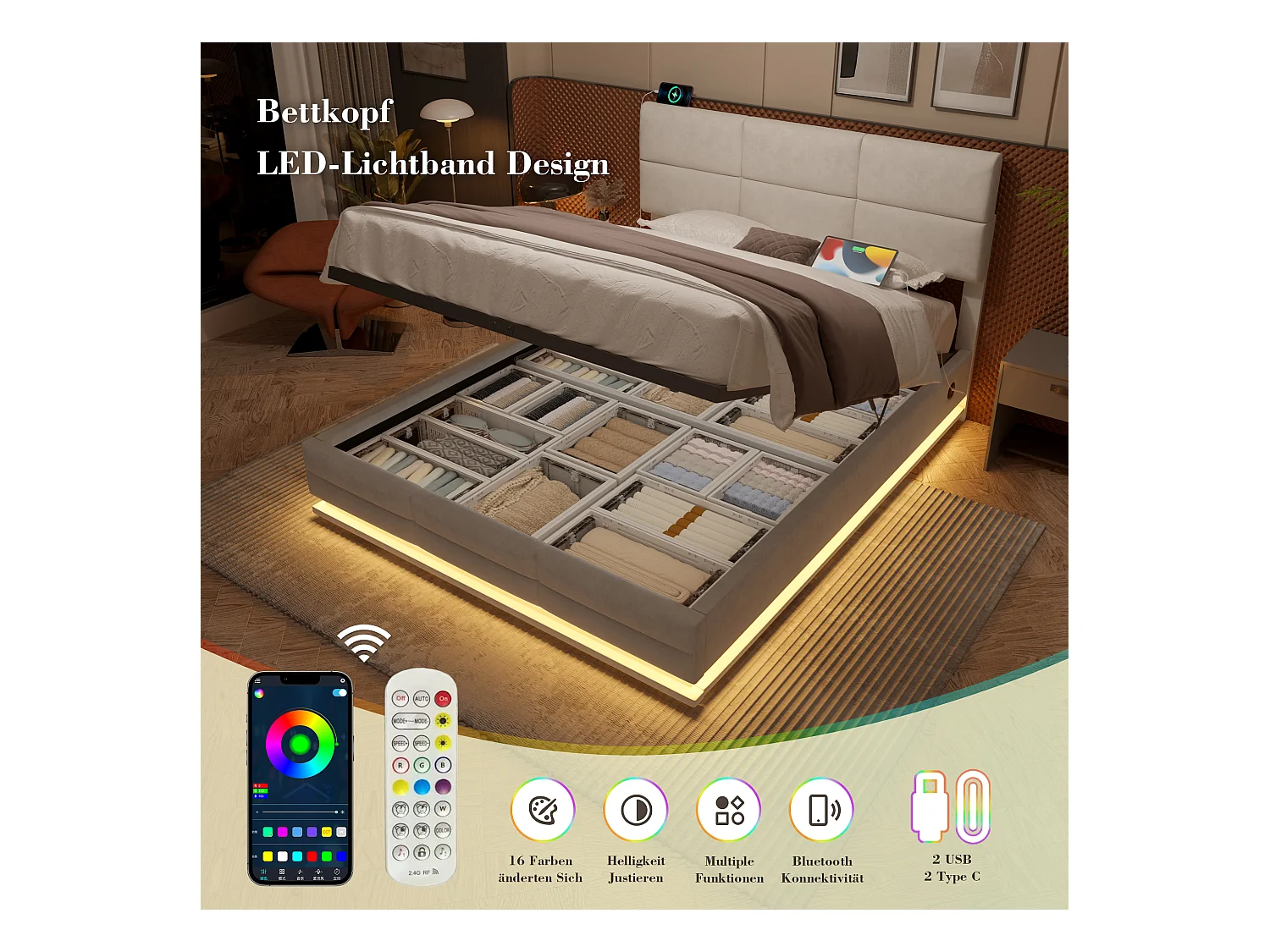 Gepolstertes Bett mit Stauraum – 140 x 200 cm – verstellbares Kopfteil – mit USB + LEDs – hydraulischer Stauraum – Samt – Beige