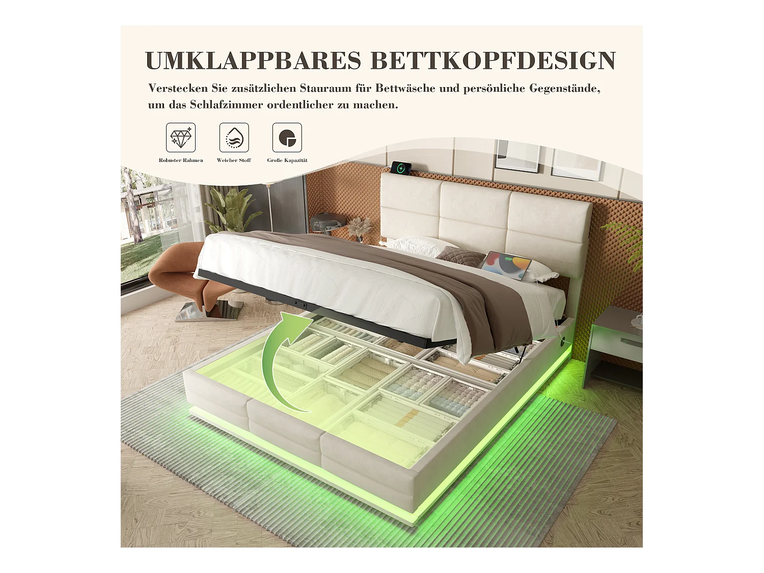 Gepolstertes Bett mit Stauraum – 140 x 200 cm – verstellbares Kopfteil – mit USB + LEDs – hydraulischer Stauraum – Samt – Beige