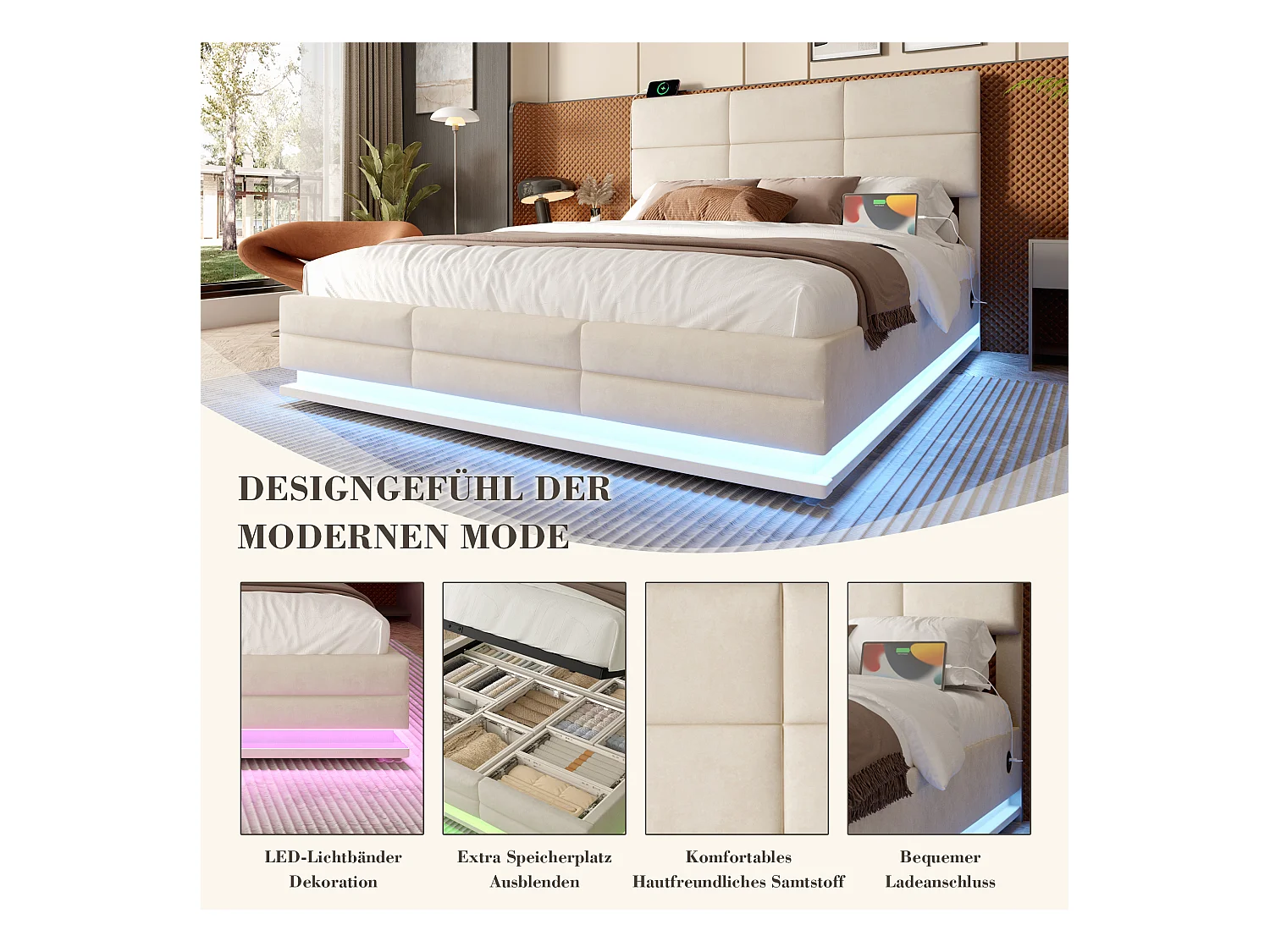 Gepolstertes Bett mit Stauraum – 140 x 200 cm – verstellbares Kopfteil – mit USB + LEDs – hydraulischer Stauraum – Samt – Beige
