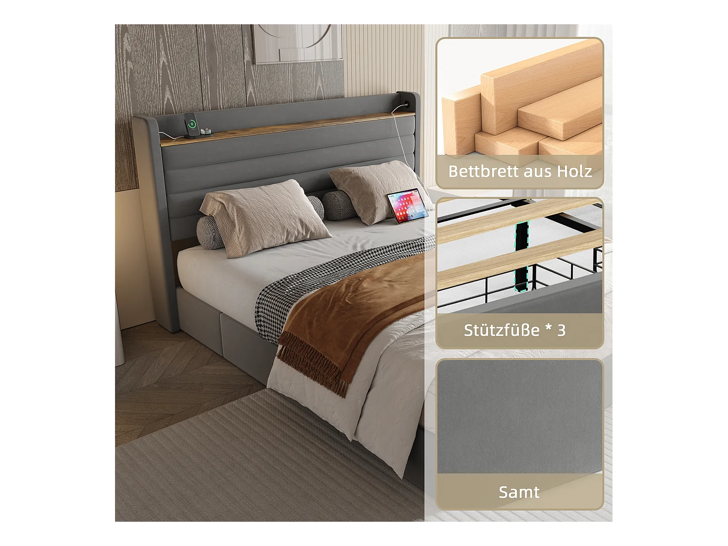 Lit coffre rembourré - 160 x 200 cm - tête de lit avec port USB et rangement + 4 tiroirs - velours - gris