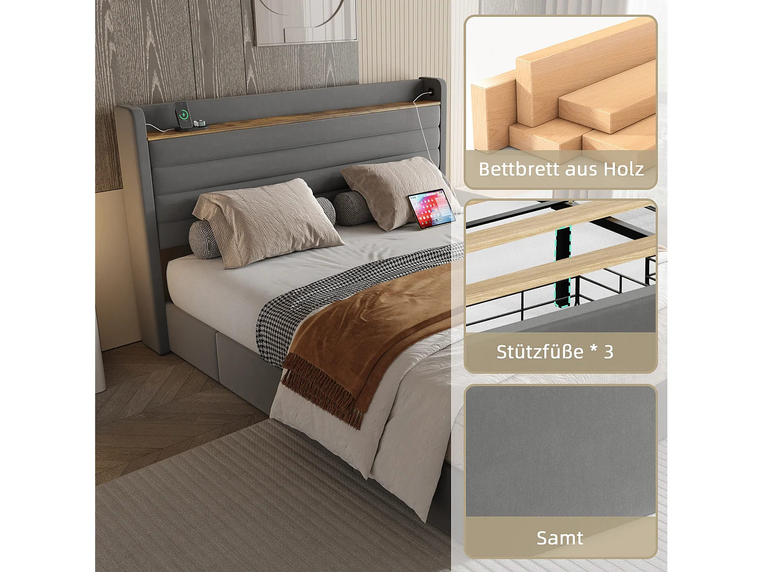 Lit coffre rembourré - 160 x 200 cm - tête de lit avec port USB et rangement + 4 tiroirs - velours - gris
