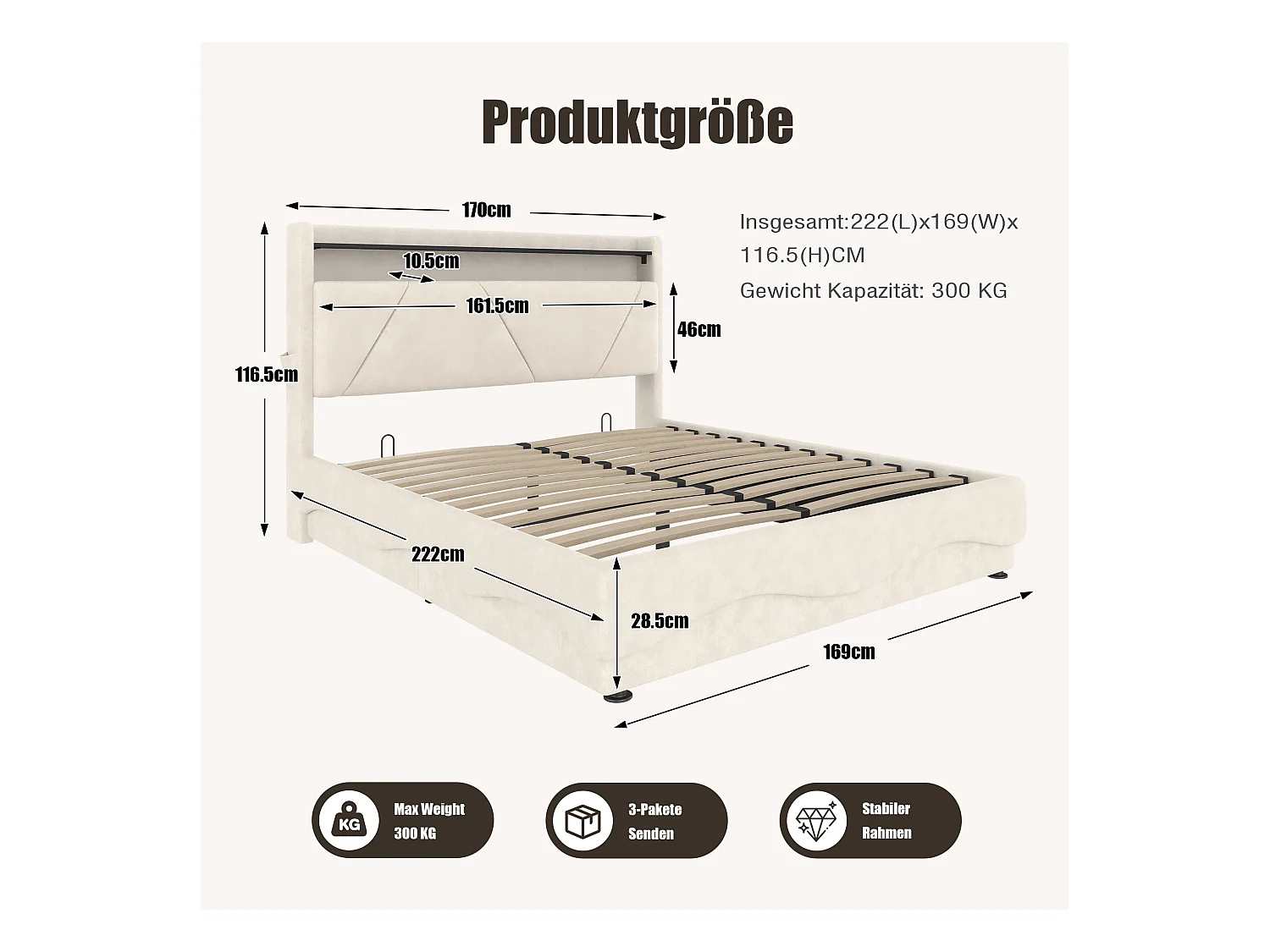 Cama estofada com arrumação - 160 x 200 cm - cabeceira com LEDs e prateleiras - com portas USB + bolsos laterais - veludo - bege