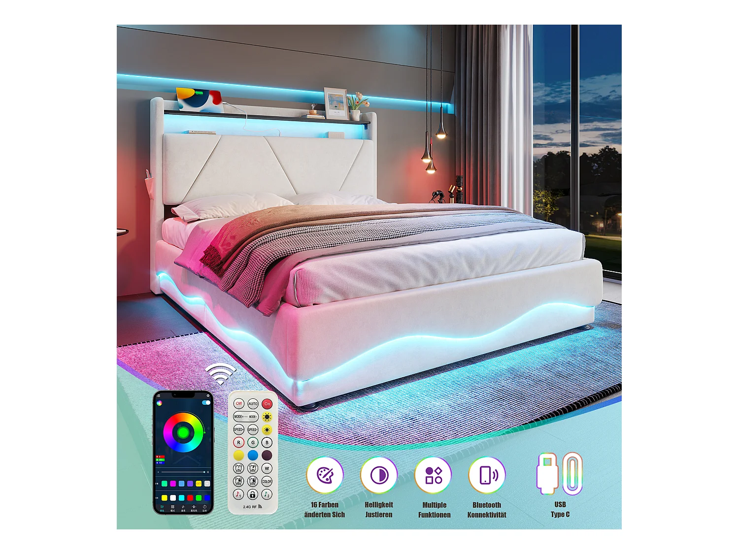 Cama estofada com arrumação - 160 x 200 cm - cabeceira com LEDs e prateleiras - com portas USB + bolsos laterais - veludo - bege