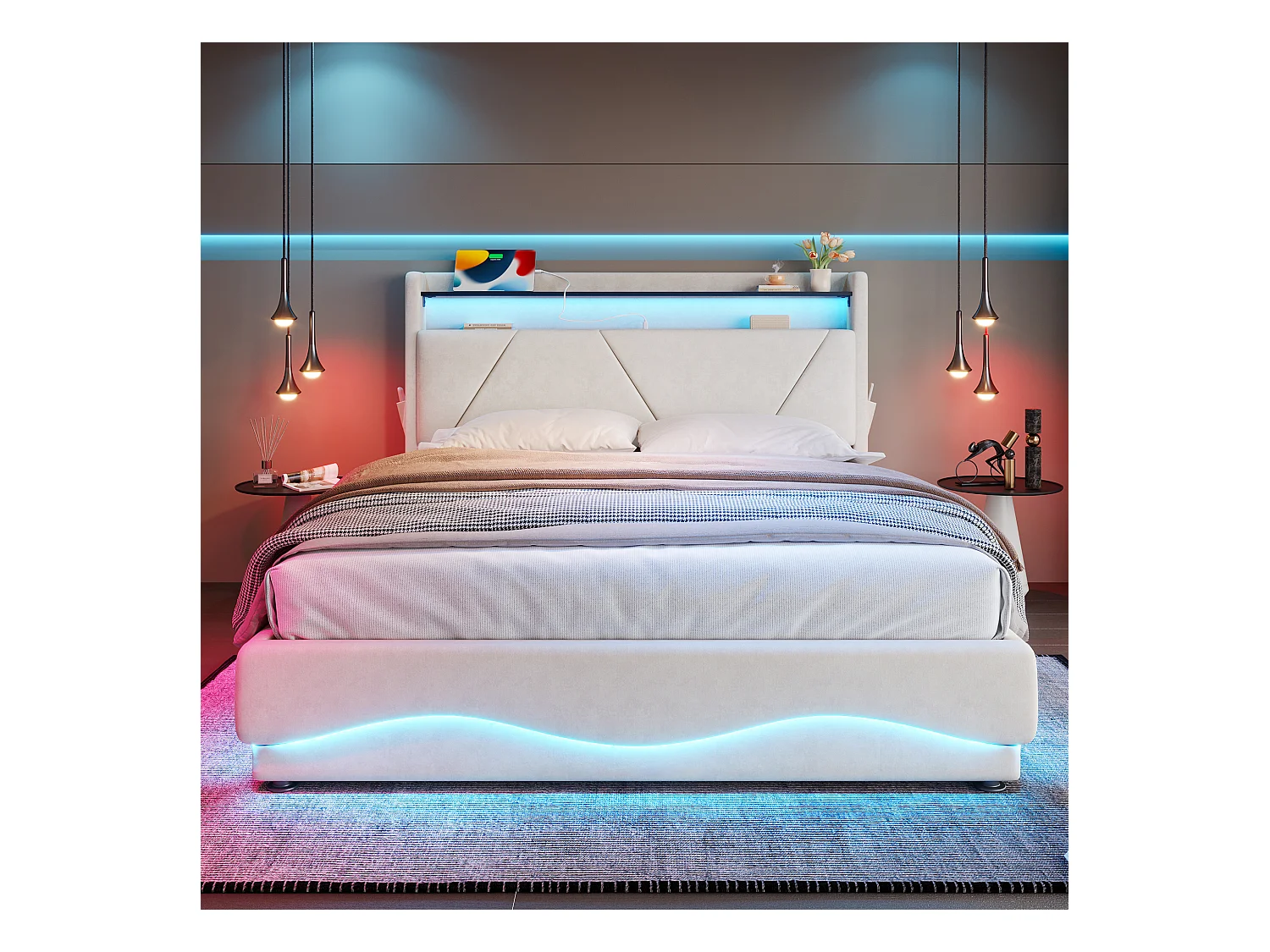 Cama estofada com arrumação - 160 x 200 cm - cabeceira com LEDs e prateleiras - com portas USB + bolsos laterais - veludo - bege