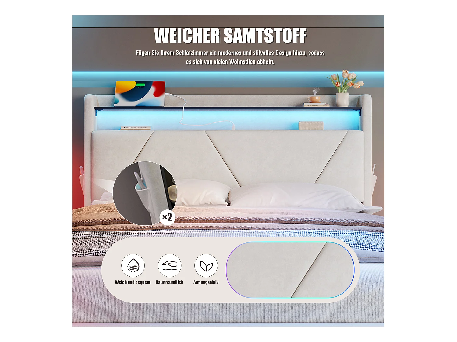 Cama estofada com arrumação - 160 x 200 cm - cabeceira com LEDs e prateleiras - com portas USB + bolsos laterais - veludo - bege