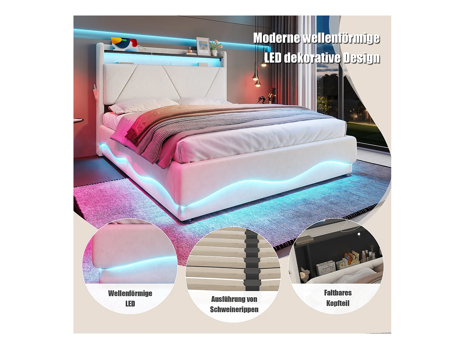 Cama estofada com arrumação - 160 x 200 cm - cabeceira com LEDs e prateleiras - com portas USB + bolsos laterais - veludo - bege